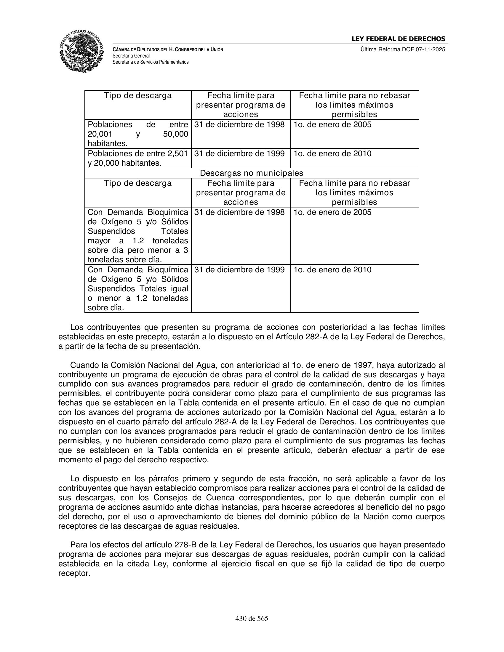 Ley Federal de Derechos — official Chamber compilation — original physical page 430 of 565; complete original page image governs, native search text may be incomplete.