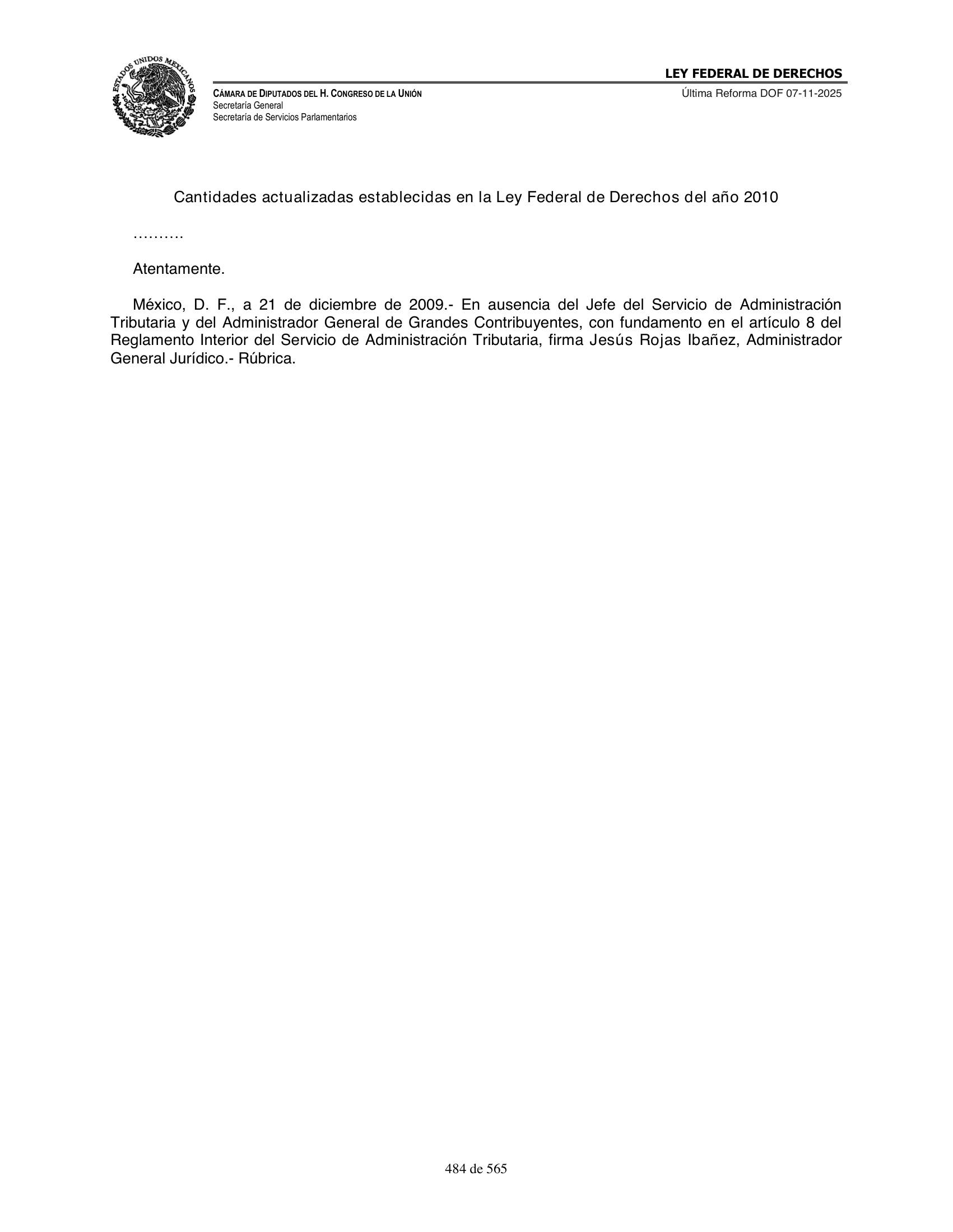 Ley Federal de Derechos — official Chamber compilation — original physical page 484 of 565; complete original page image governs, native search text may be incomplete.