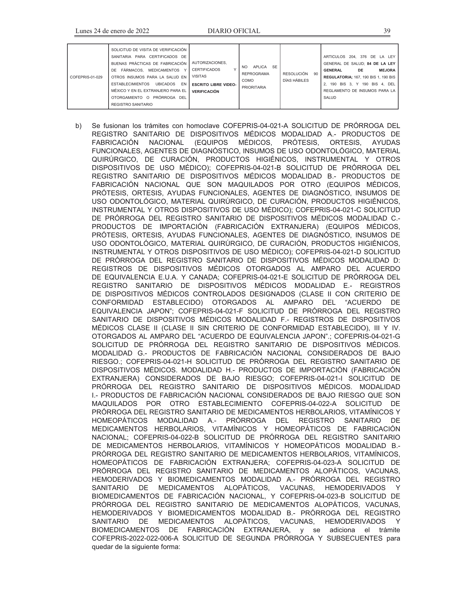 COFEPRIS procedures/forms amendment, DOF 24 January 2022 — original physical PDF page 4; complete page image is authoritative.