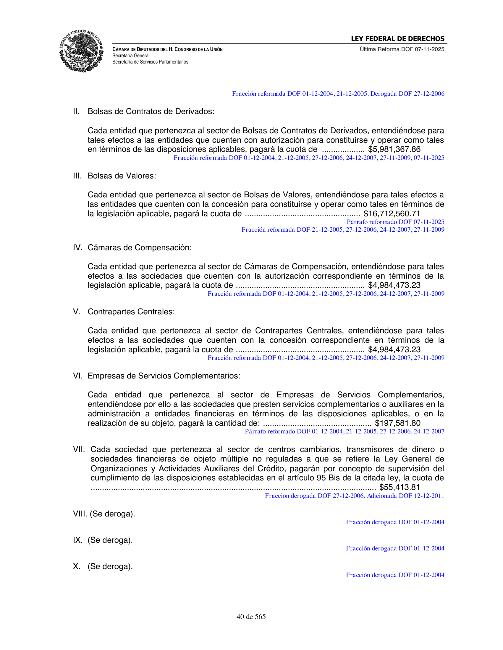 Ley Federal de Derechos — official Chamber compilation — original physical page 40 of 565; complete original page image governs, native search text may be incomplete.