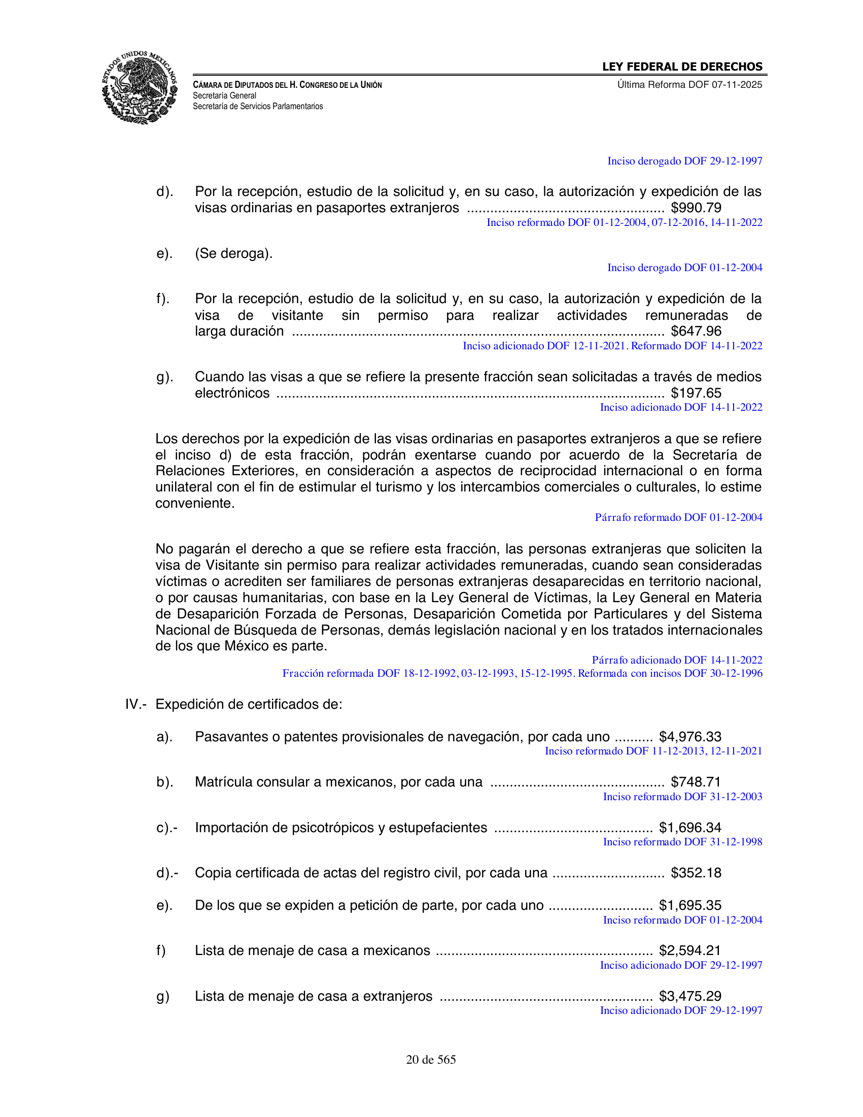 Ley Federal de Derechos — official Chamber compilation — original physical page 20 of 565; complete original page image governs, native search text may be incomplete.