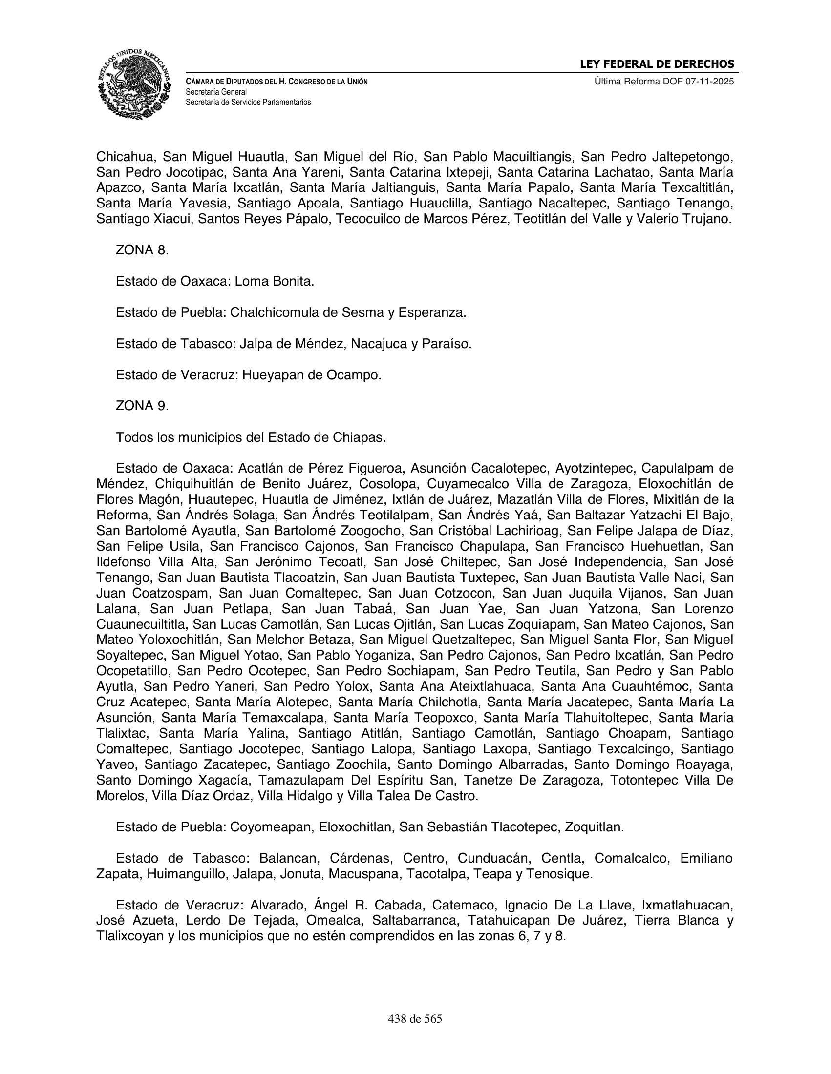 Ley Federal de Derechos — official Chamber compilation — original physical page 438 of 565; complete original page image governs, native search text may be incomplete.