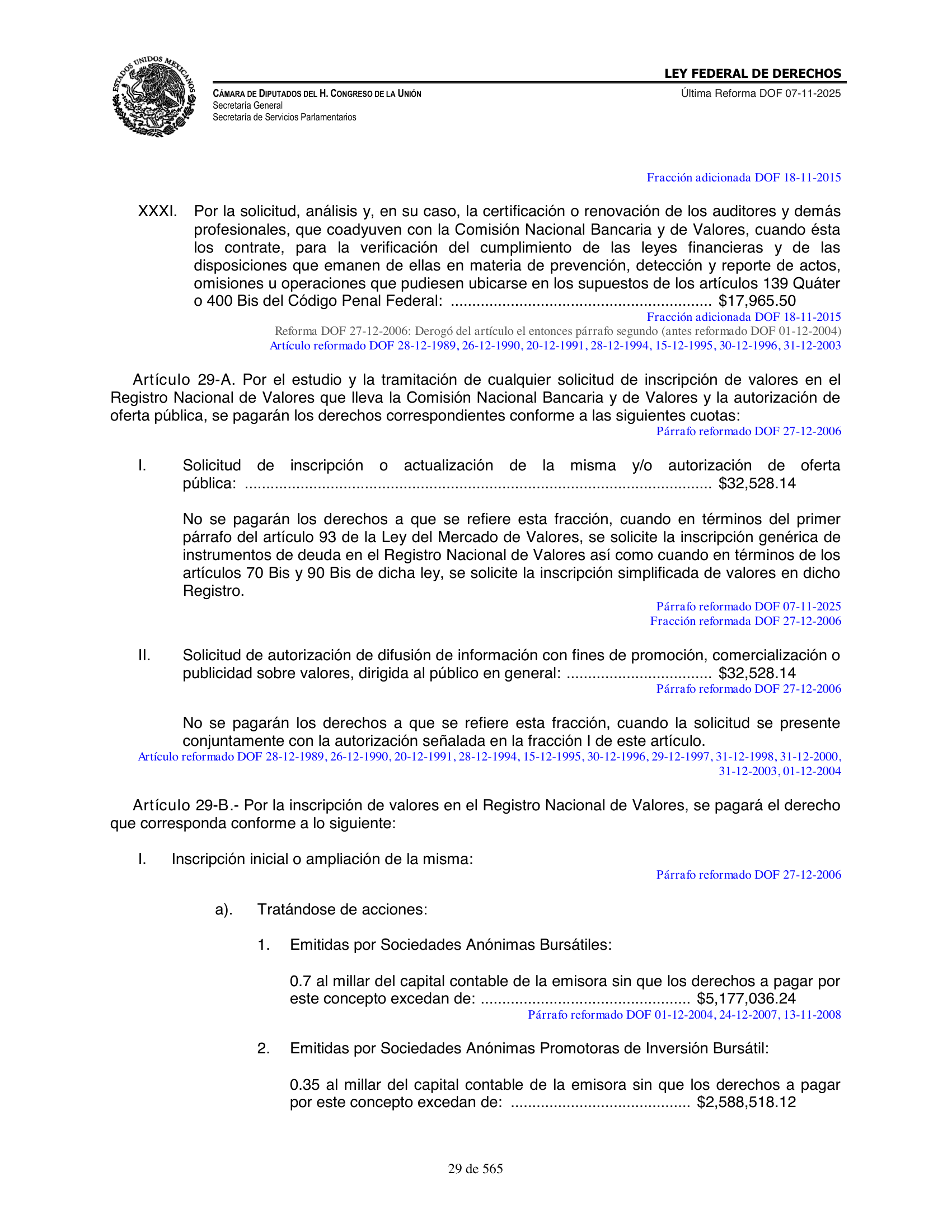 Ley Federal de Derechos — official Chamber compilation — original physical page 29 of 565; complete original page image governs, native search text may be incomplete.