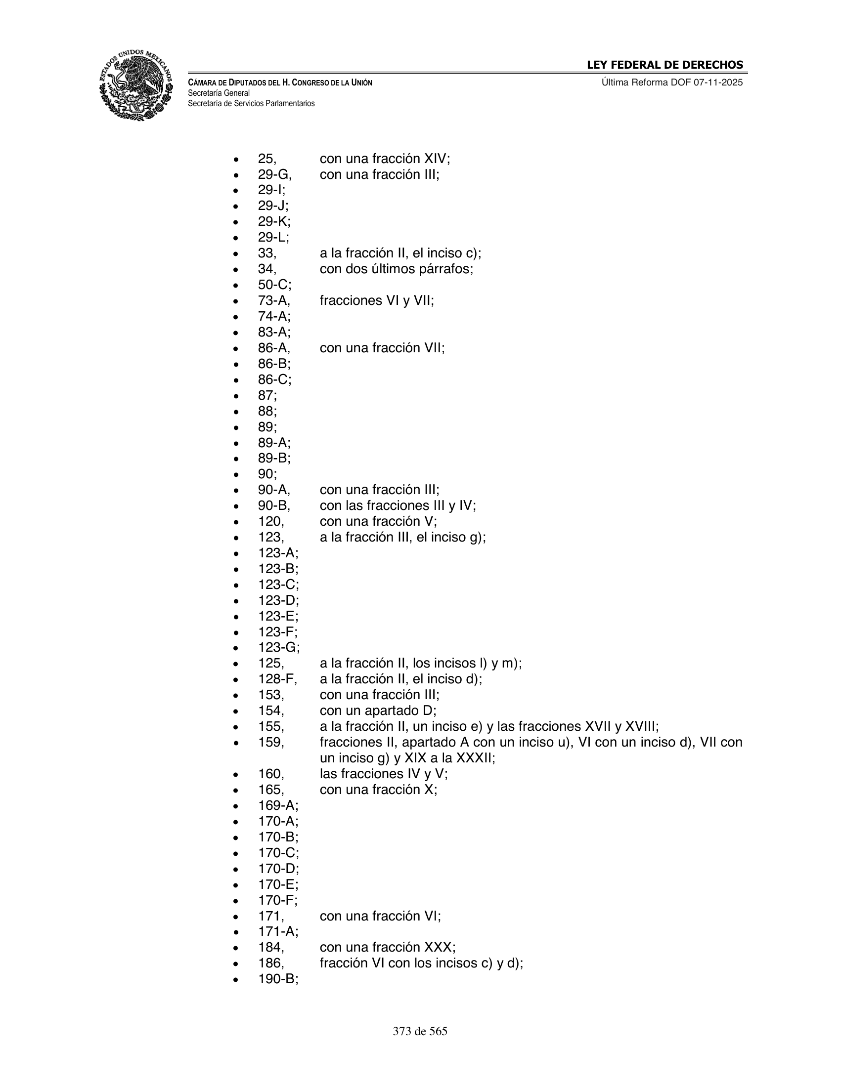 Ley Federal de Derechos — official Chamber compilation — original physical page 373 of 565; complete original page image governs, native search text may be incomplete.