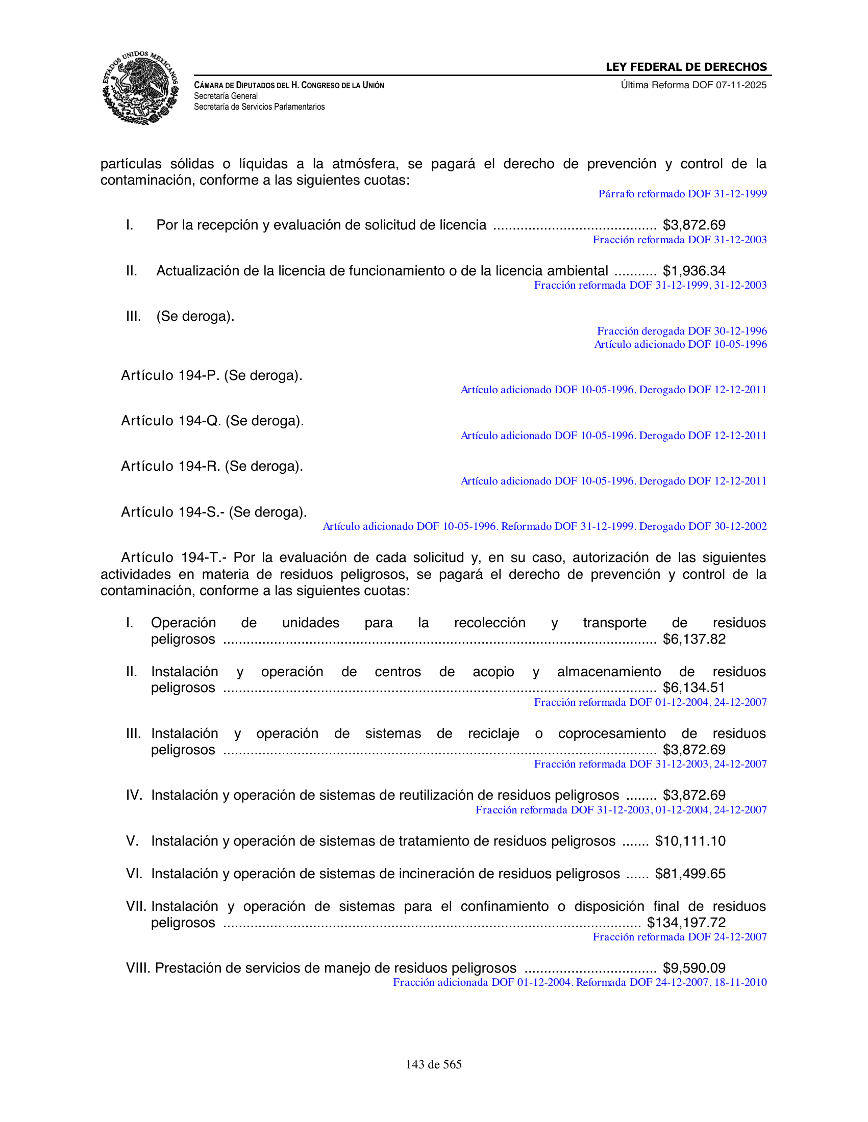 Ley Federal de Derechos — official Chamber compilation — original physical page 143 of 565; complete original page image governs, native search text may be incomplete.