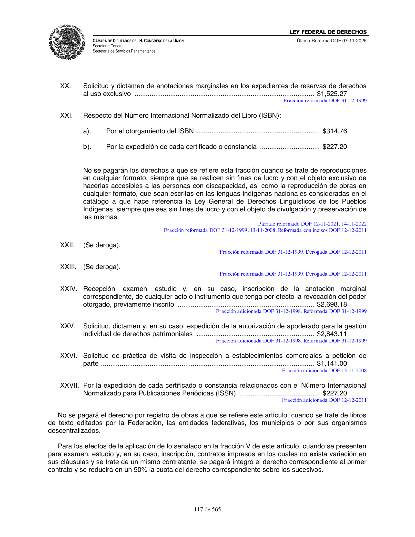 Ley Federal de Derechos — official Chamber compilation — original physical page 117 of 565; complete original page image governs, native search text may be incomplete.