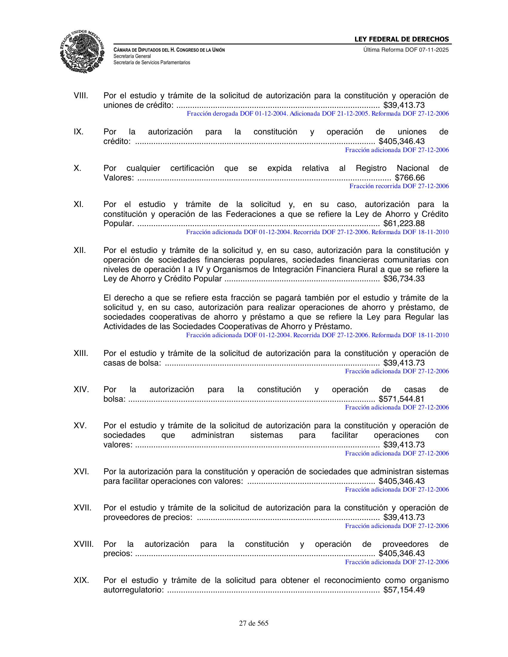 Ley Federal de Derechos — official Chamber compilation — original physical page 27 of 565; complete original page image governs, native search text may be incomplete.