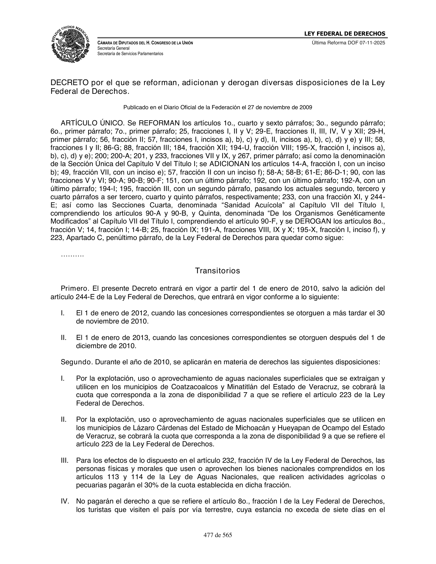 Ley Federal de Derechos — official Chamber compilation — original physical page 477 of 565; complete original page image governs, native search text may be incomplete.
