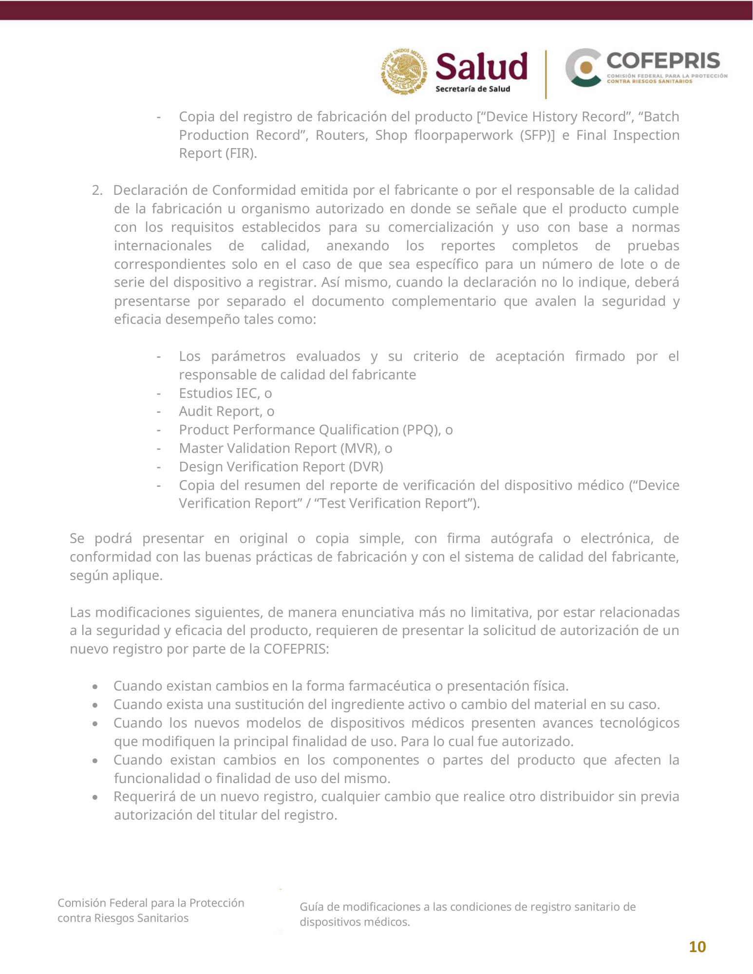 COFEPRIS — Guía de modificaciones de dispositivos médicos, diciembre 2025 — official PDF page 10