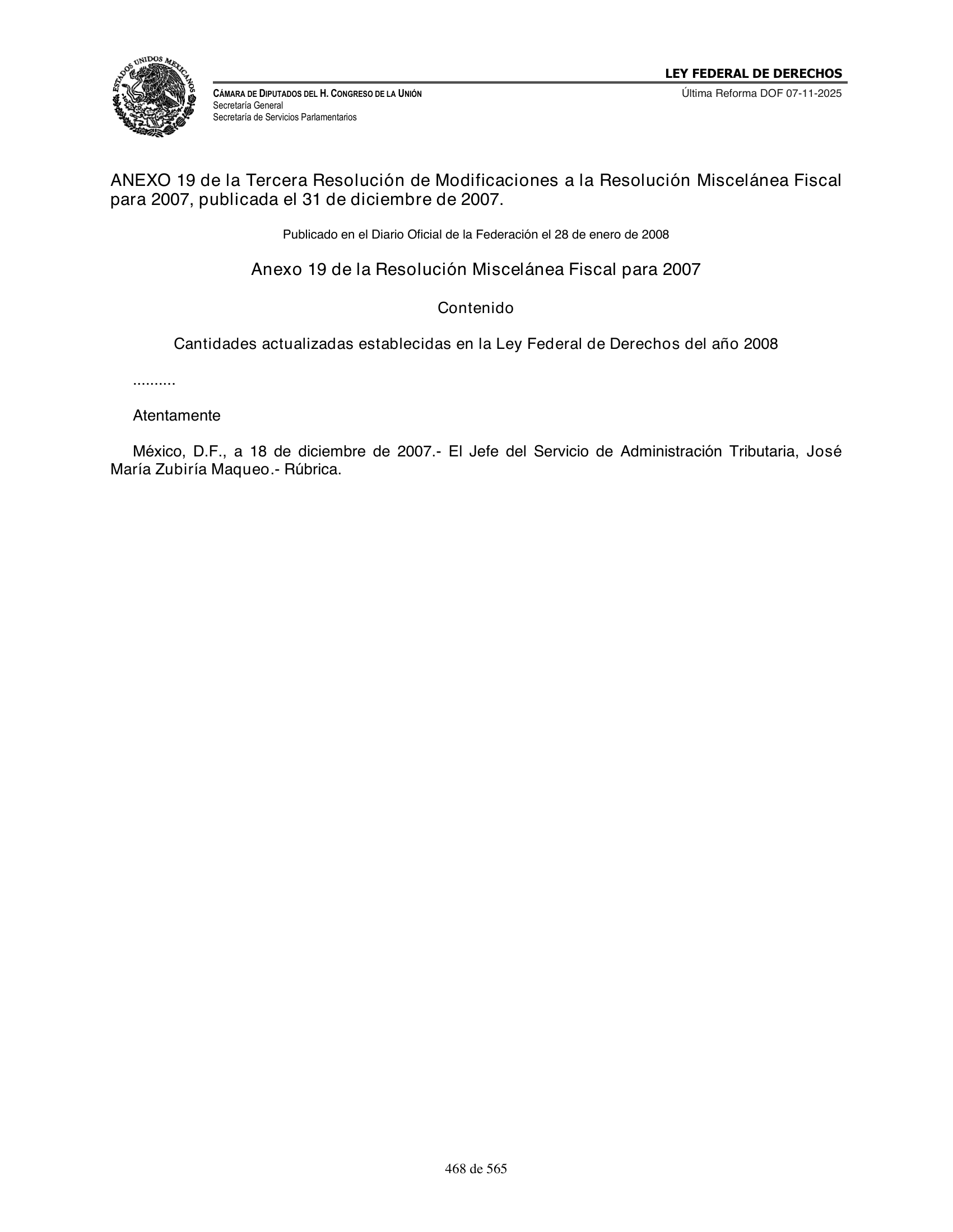 Ley Federal de Derechos — official Chamber compilation — original physical page 468 of 565; complete original page image governs, native search text may be incomplete.