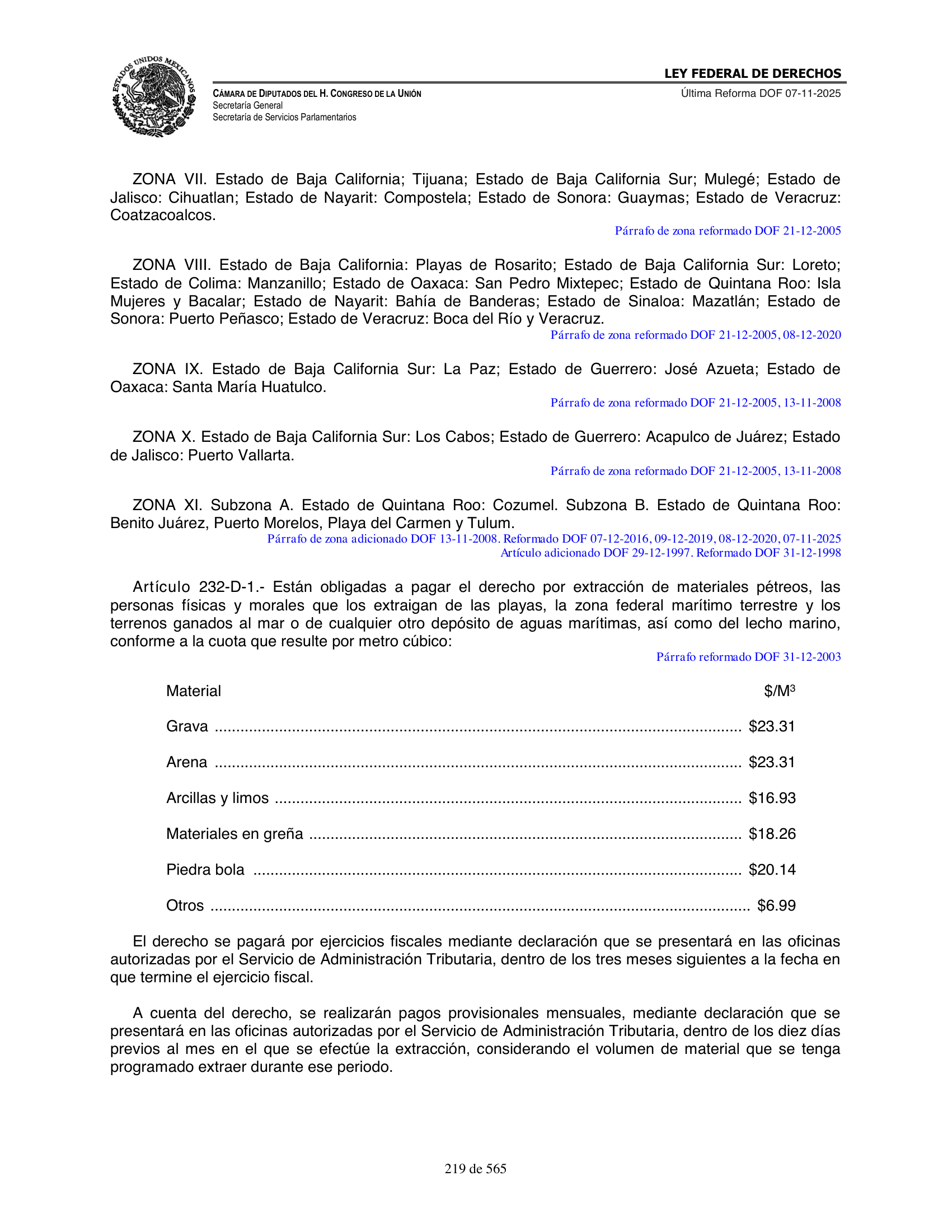 Ley Federal de Derechos — official Chamber compilation — original physical page 219 of 565; complete original page image governs, native search text may be incomplete.