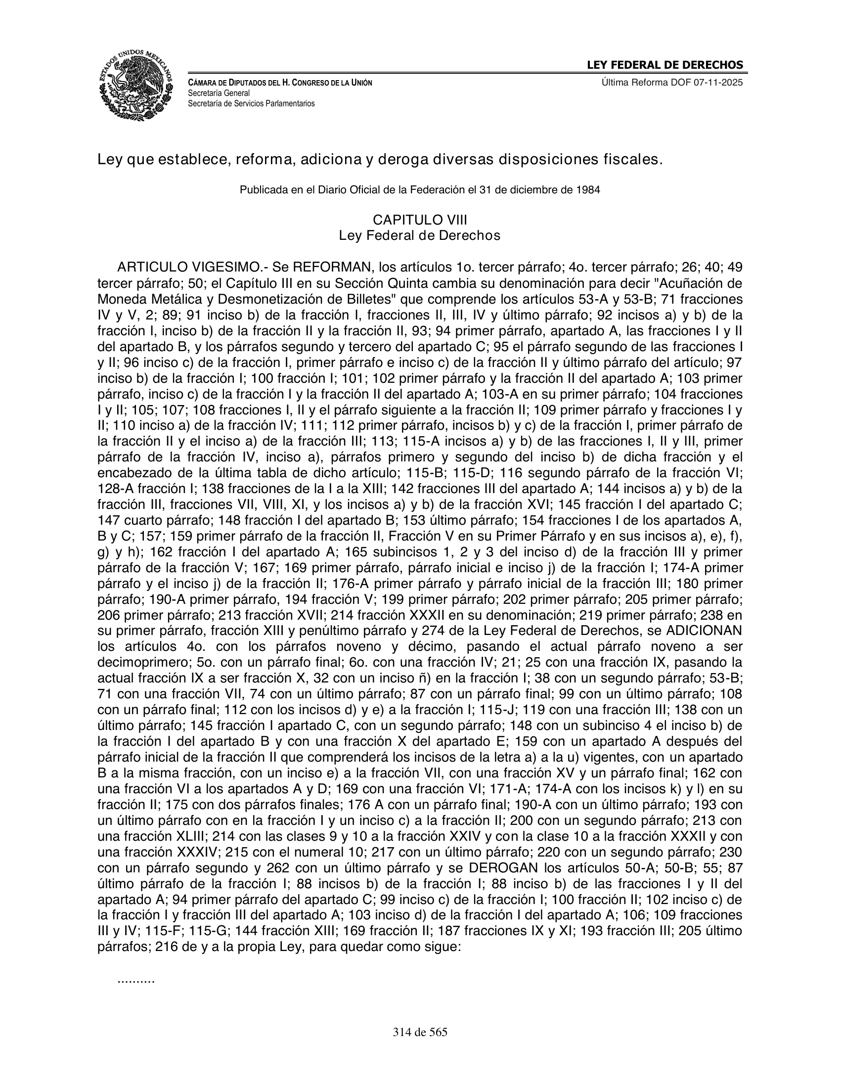 Ley Federal de Derechos — official Chamber compilation — original physical page 314 of 565; complete original page image governs, native search text may be incomplete.