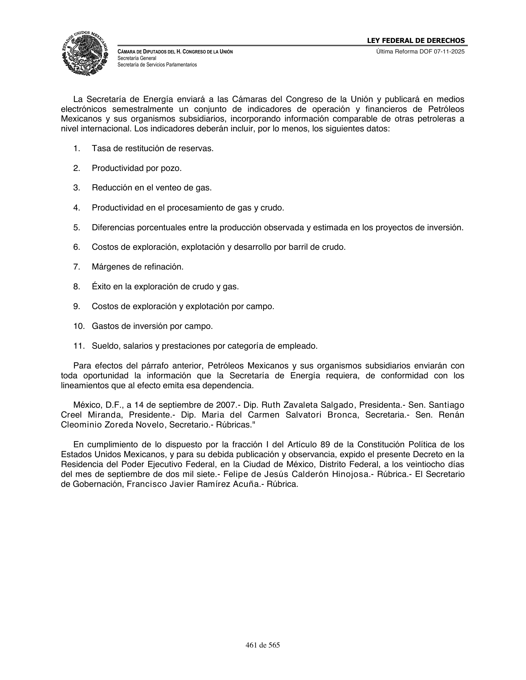Ley Federal de Derechos — official Chamber compilation — original physical page 461 of 565; complete original page image governs, native search text may be incomplete.