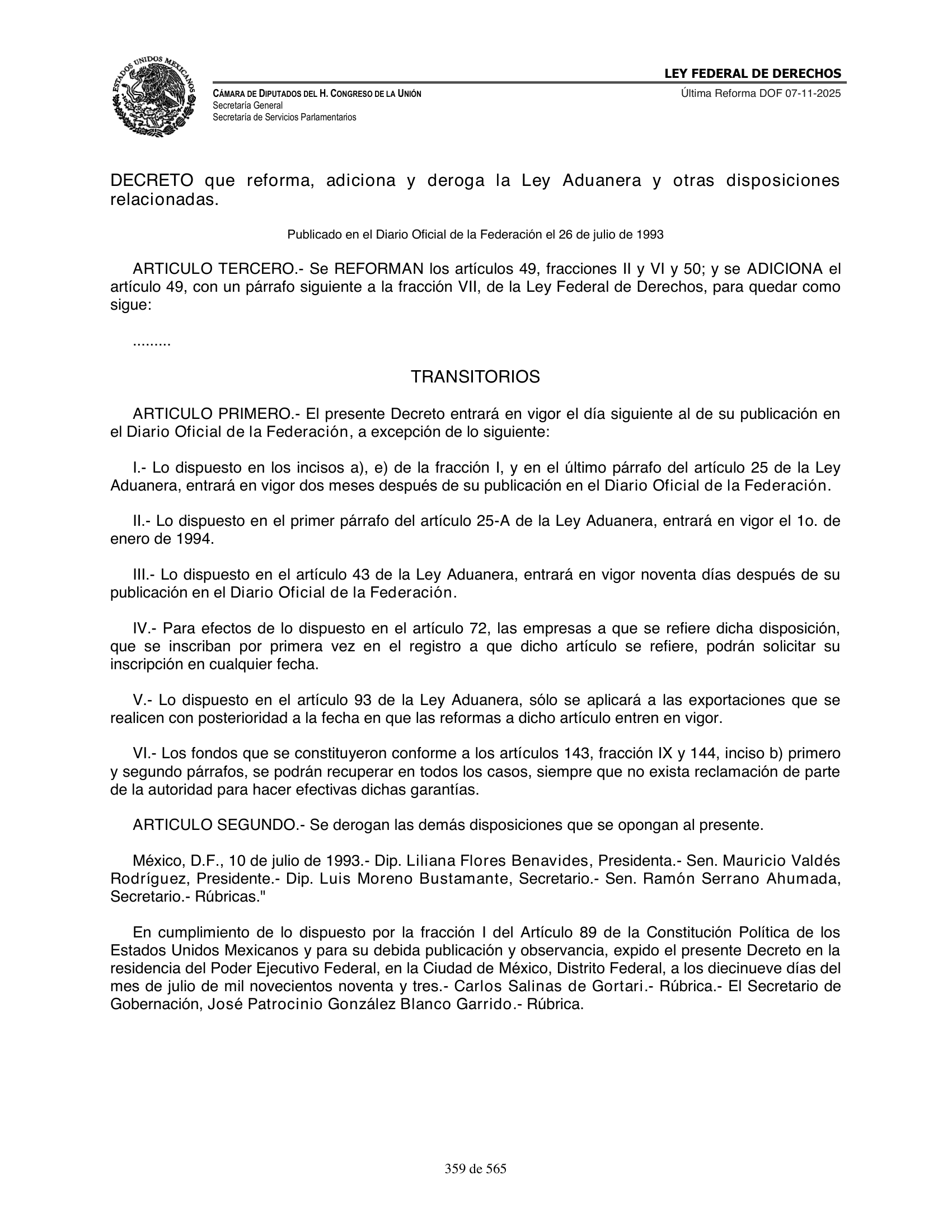 Ley Federal de Derechos — official Chamber compilation — original physical page 359 of 565; complete original page image governs, native search text may be incomplete.