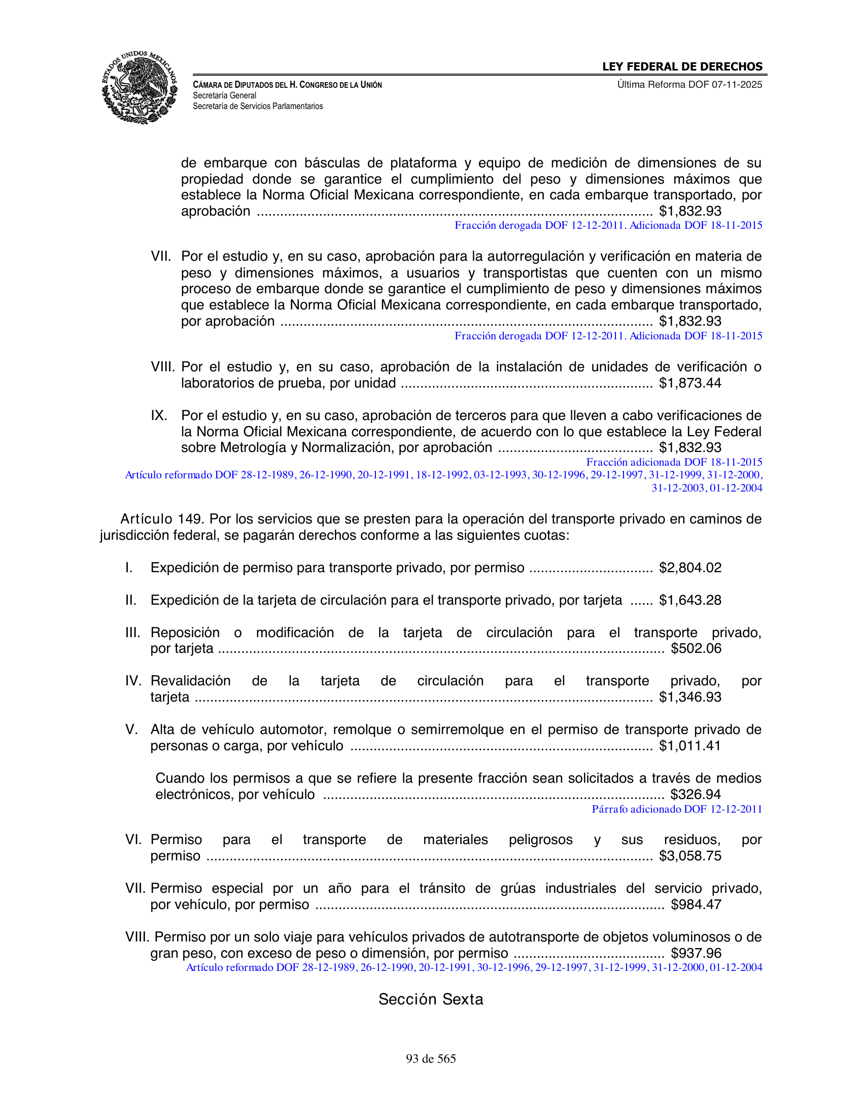 Ley Federal de Derechos — official Chamber compilation — original physical page 93 of 565; complete original page image governs, native search text may be incomplete.