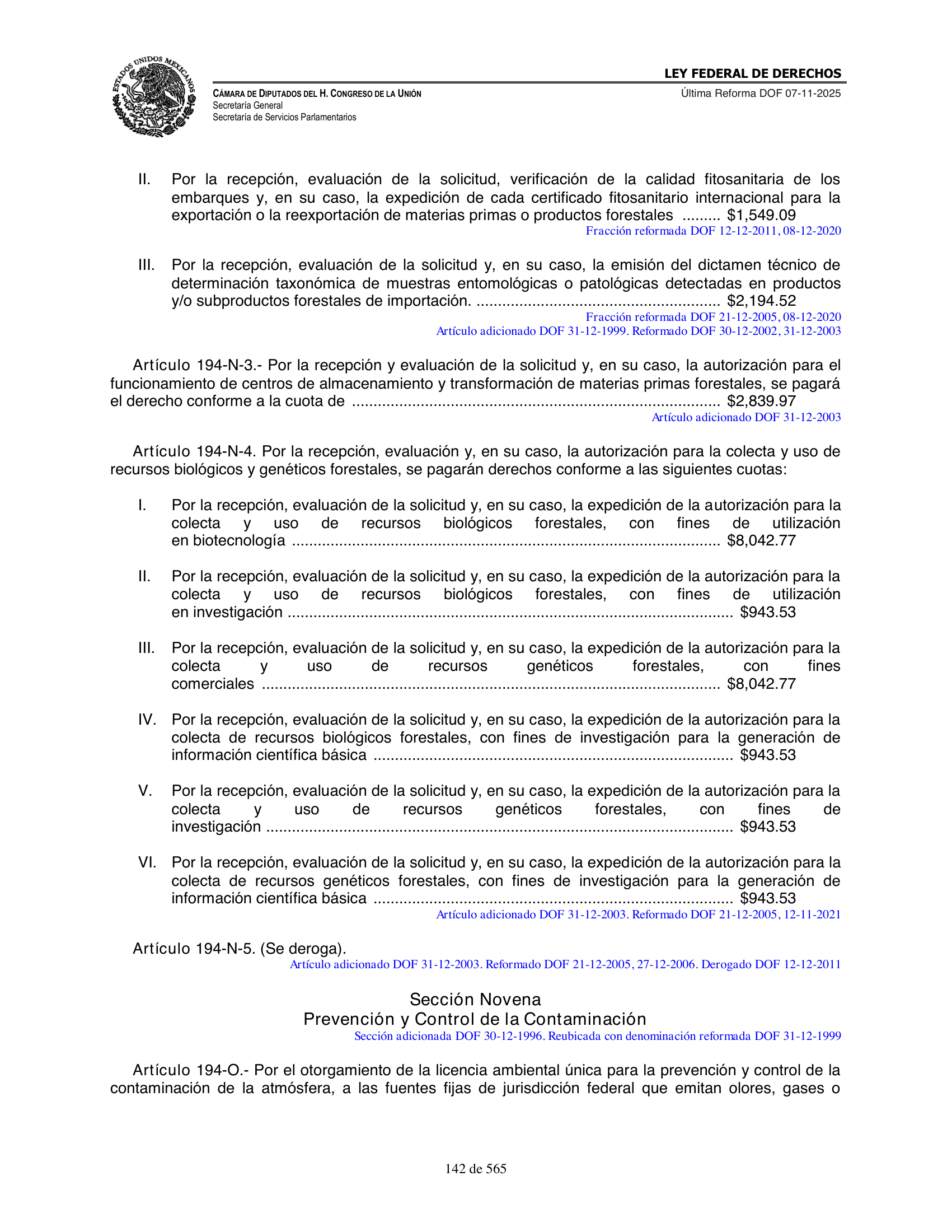 Ley Federal de Derechos — official Chamber compilation — original physical page 142 of 565; complete original page image governs, native search text may be incomplete.