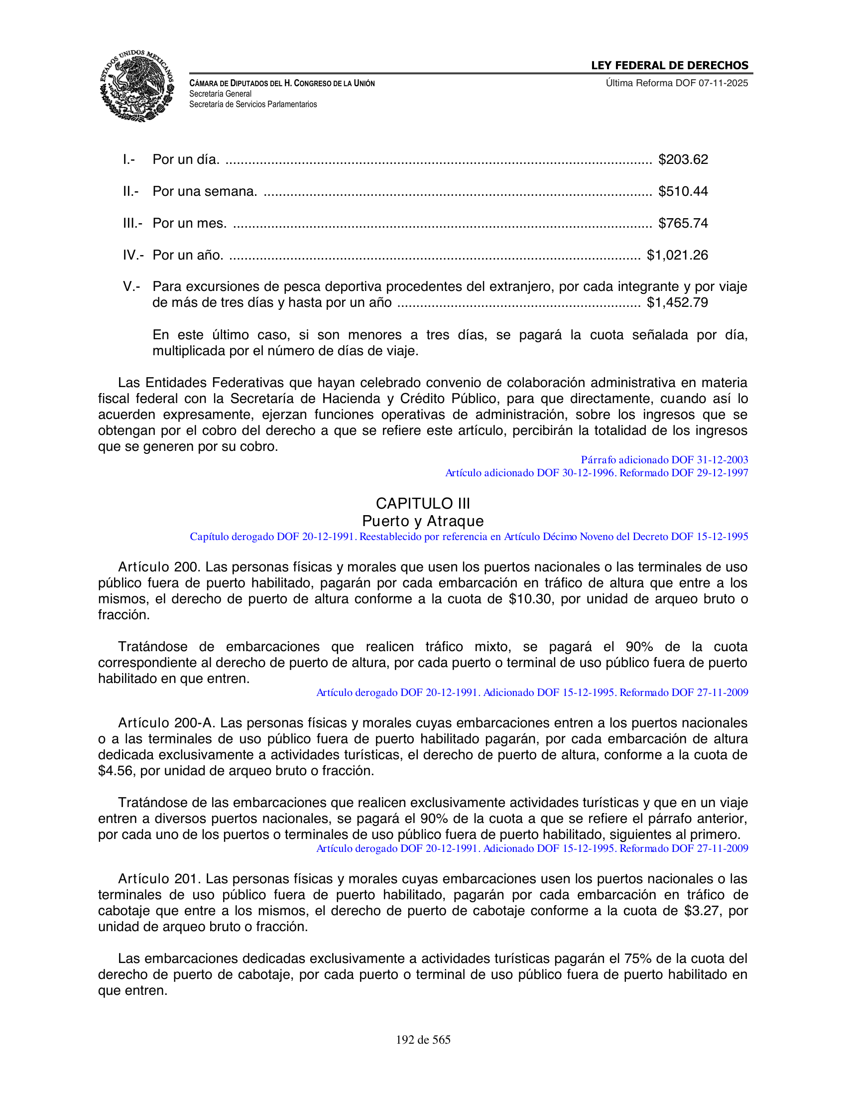 Ley Federal de Derechos — official Chamber compilation — original physical page 192 of 565; complete original page image governs, native search text may be incomplete.