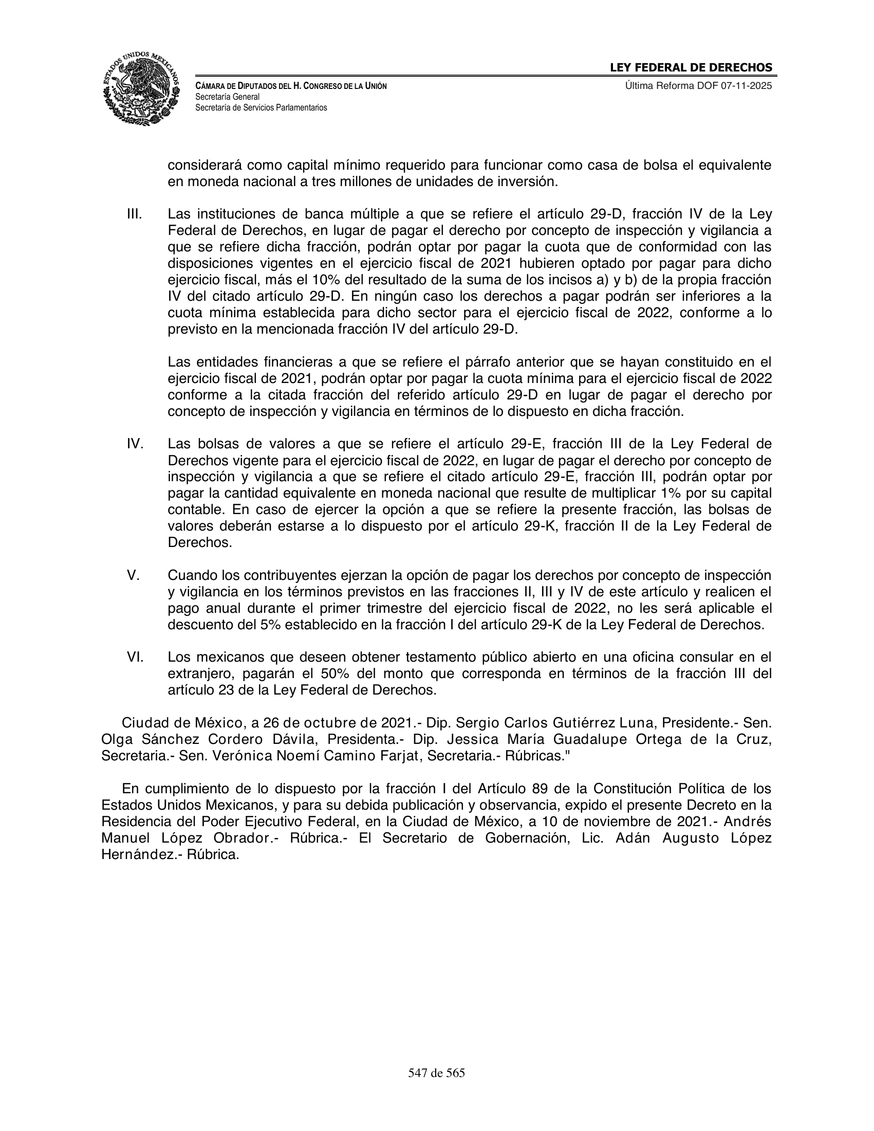 Ley Federal de Derechos — official Chamber compilation — original physical page 547 of 565; complete original page image governs, native search text may be incomplete.