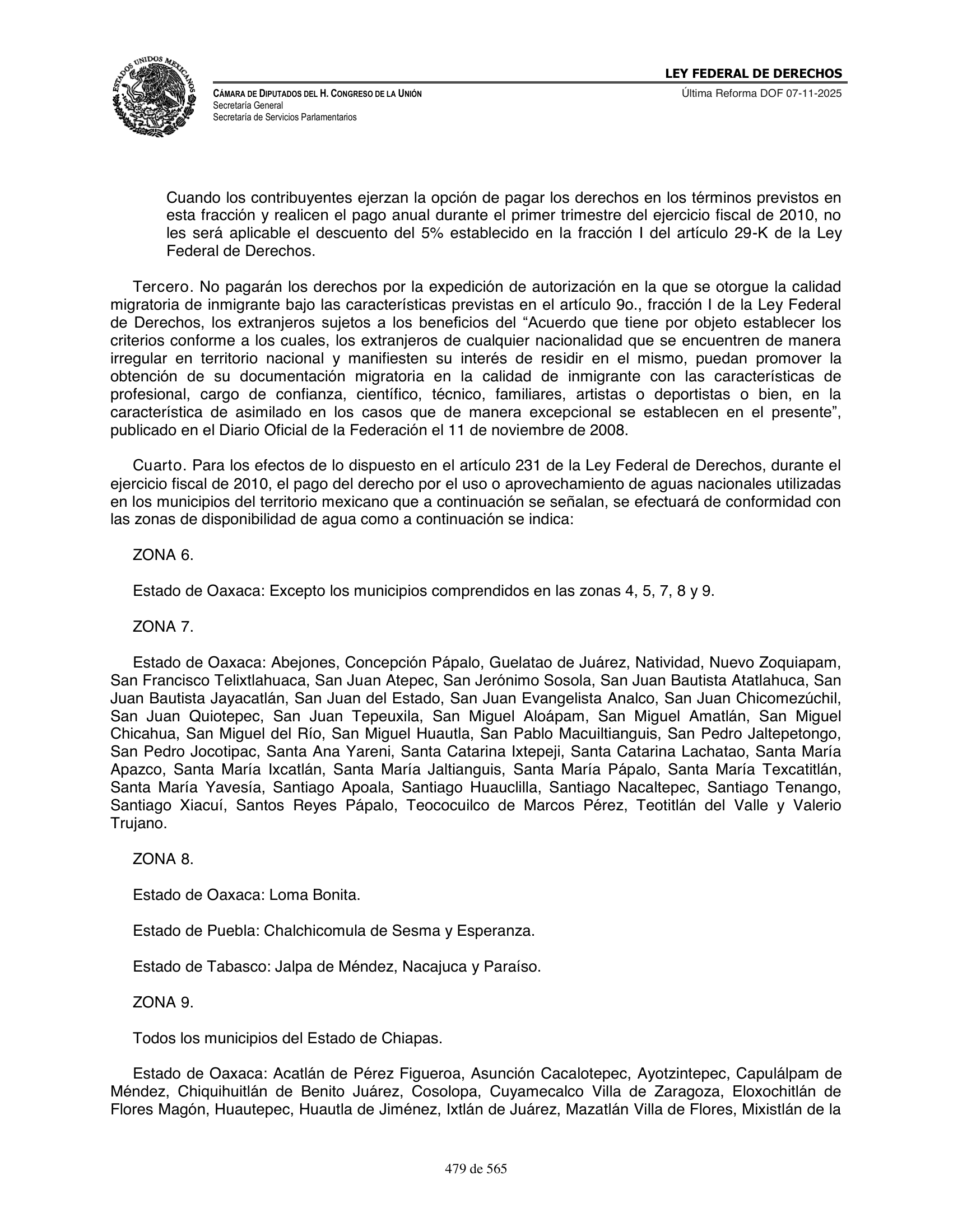Ley Federal de Derechos — official Chamber compilation — original physical page 479 of 565; complete original page image governs, native search text may be incomplete.