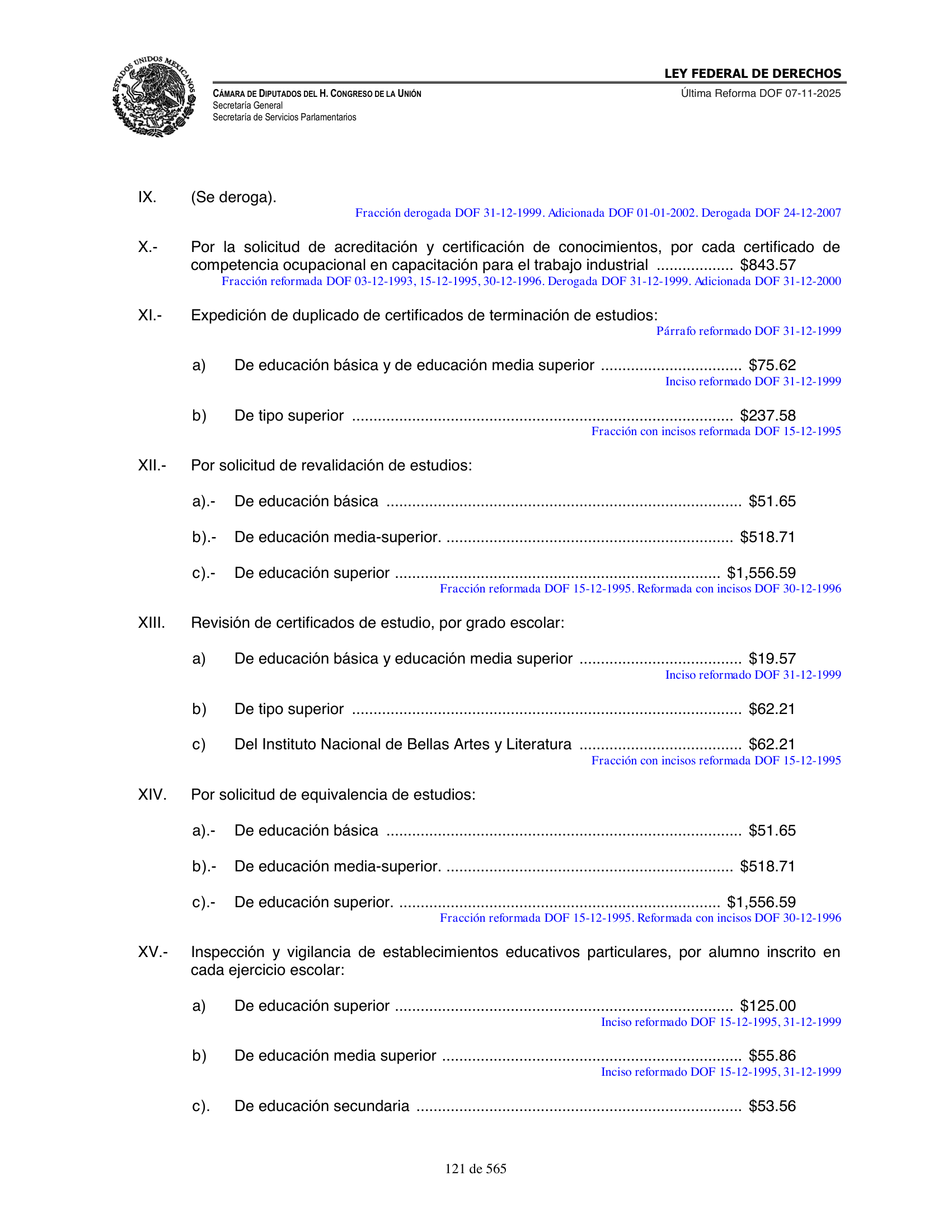 Ley Federal de Derechos — official Chamber compilation — original physical page 121 of 565; complete original page image governs, native search text may be incomplete.
