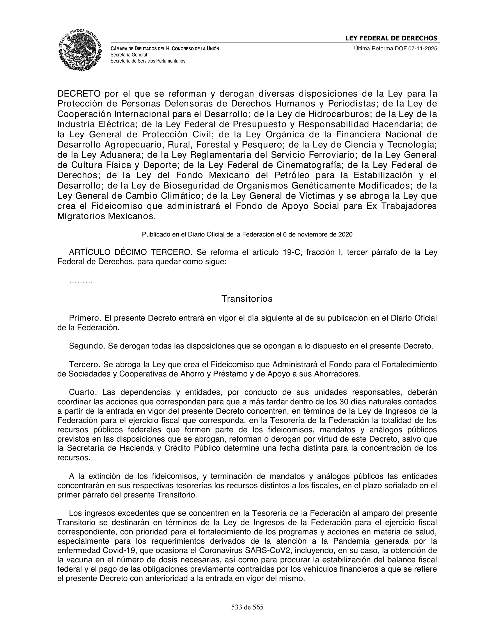 Ley Federal de Derechos — official Chamber compilation — original physical page 533 of 565; complete original page image governs, native search text may be incomplete.