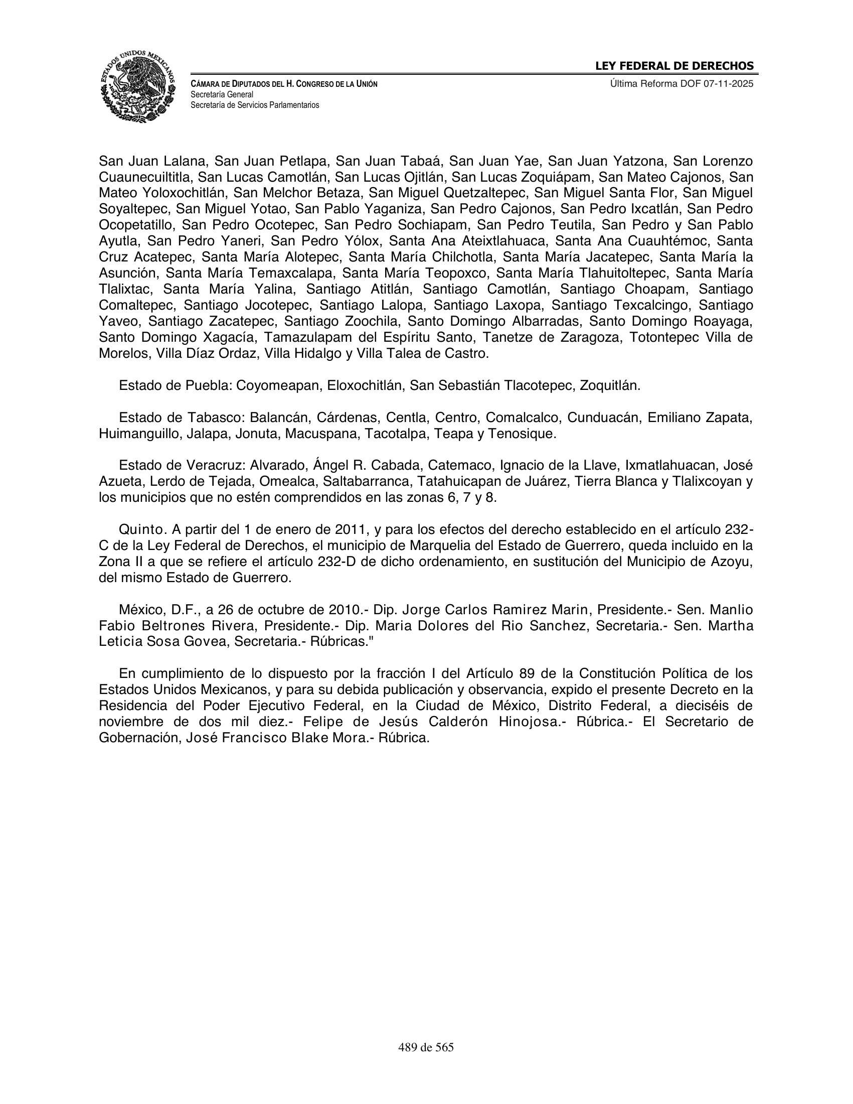 Ley Federal de Derechos — official Chamber compilation — original physical page 489 of 565; complete original page image governs, native search text may be incomplete.
