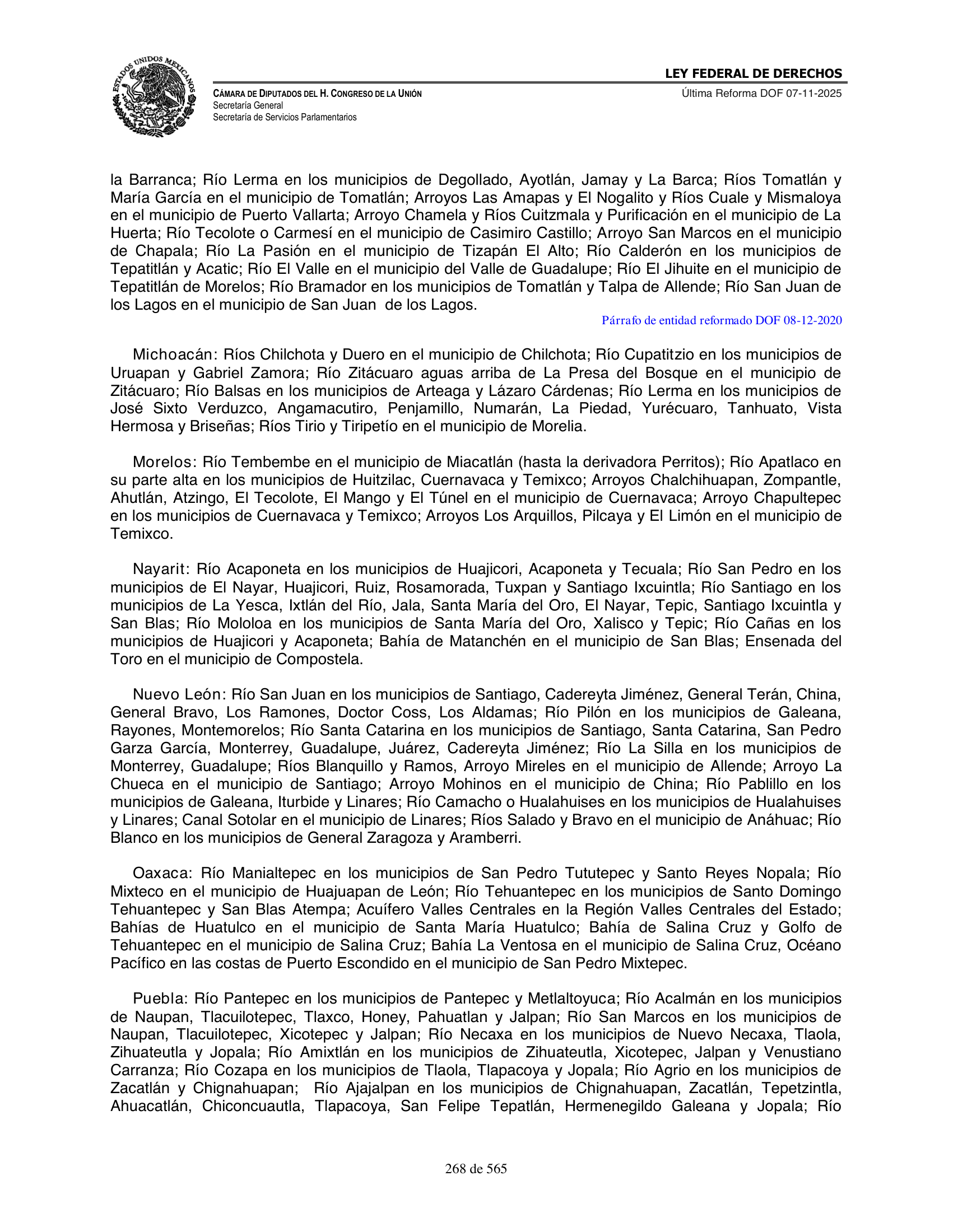 Ley Federal de Derechos — official Chamber compilation — original physical page 268 of 565; complete original page image governs, native search text may be incomplete.