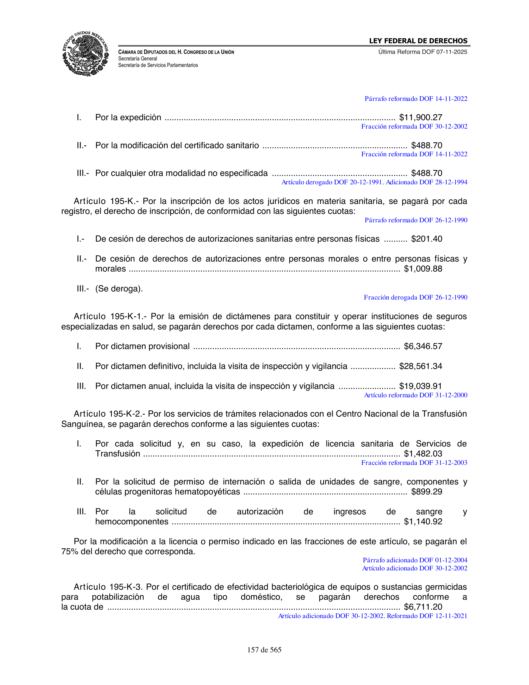 Ley Federal de Derechos — official Chamber compilation — original physical page 157 of 565; complete original page image governs, native search text may be incomplete.