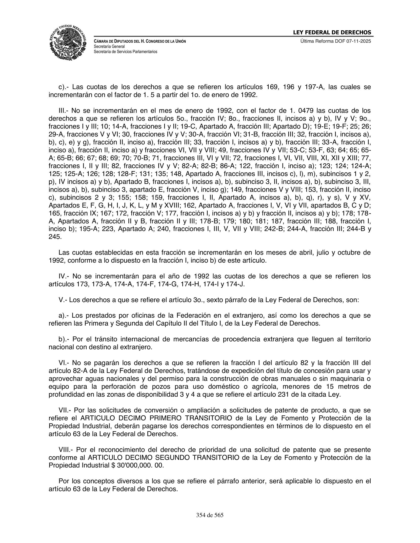 Ley Federal de Derechos — official Chamber compilation — original physical page 354 of 565; complete original page image governs, native search text may be incomplete.
