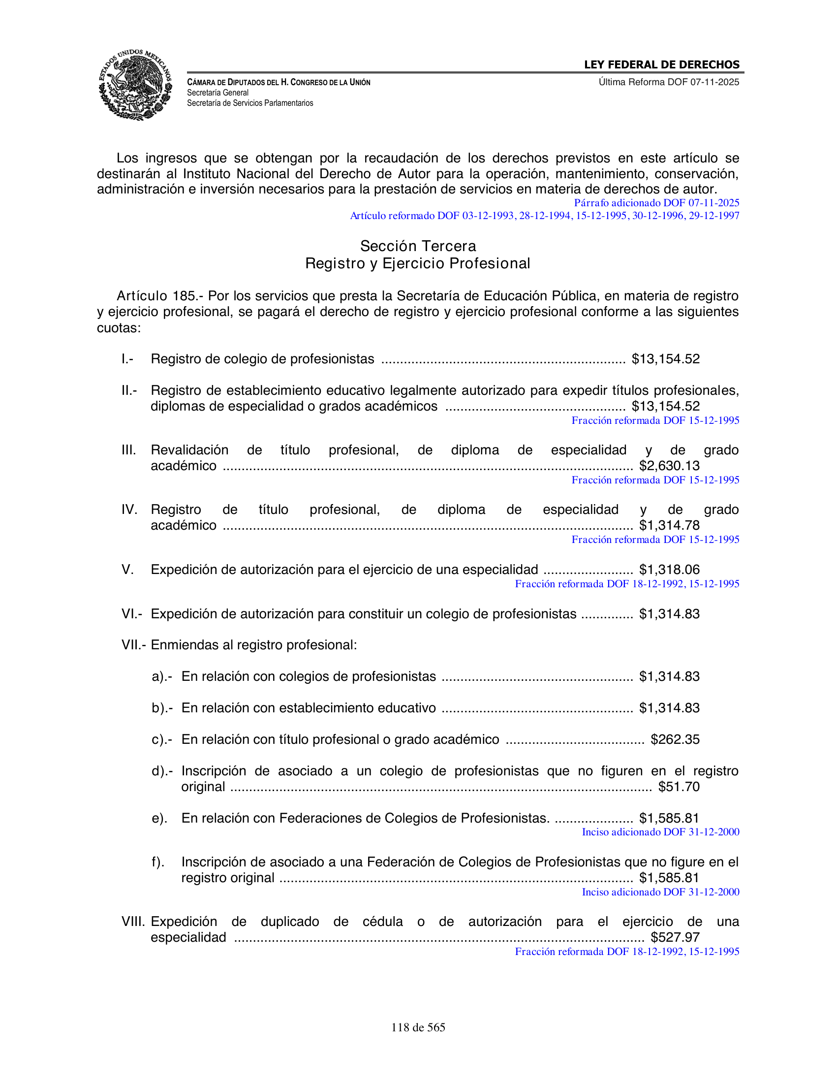 Ley Federal de Derechos — official Chamber compilation — original physical page 118 of 565; complete original page image governs, native search text may be incomplete.
