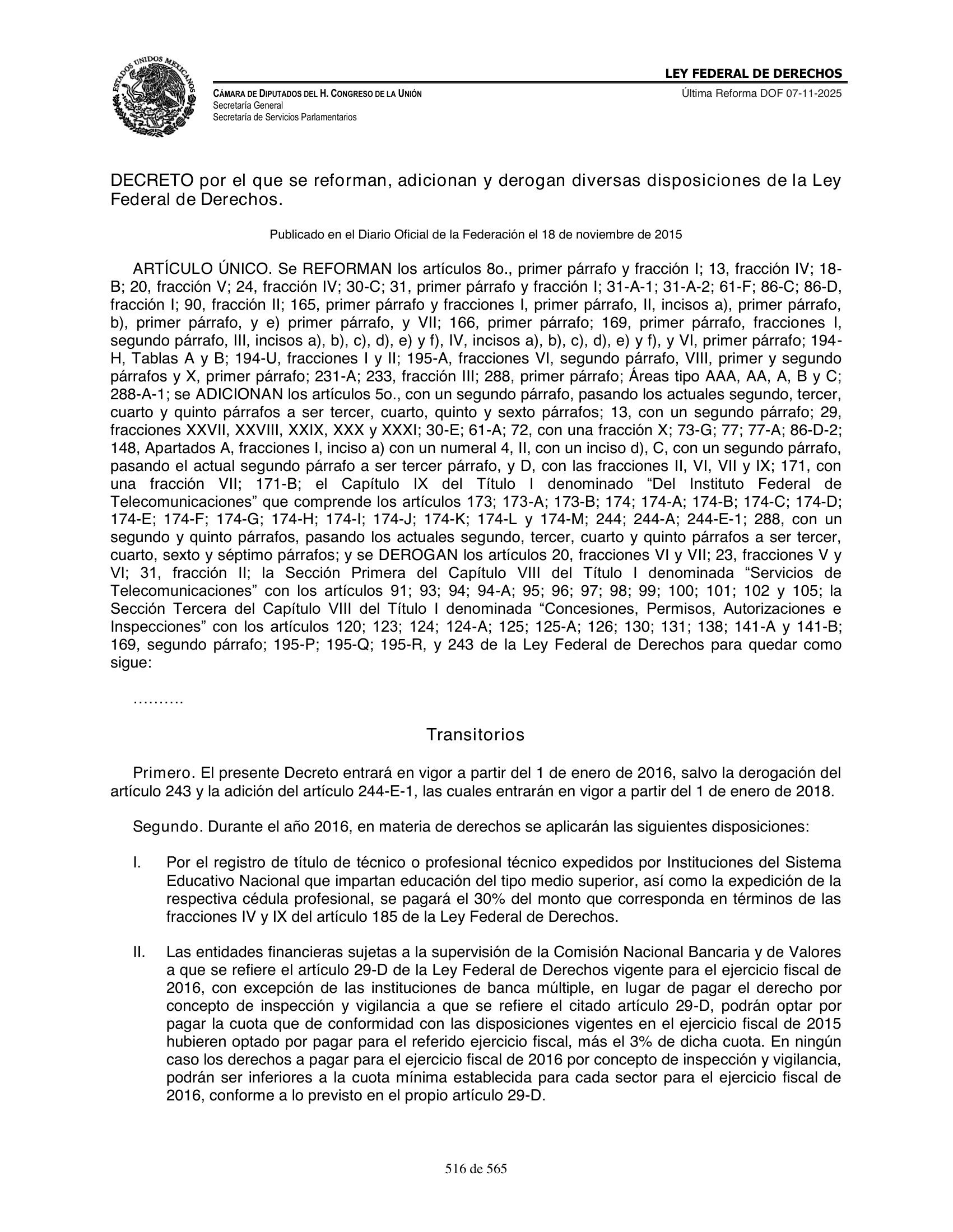 Ley Federal de Derechos — official Chamber compilation — original physical page 516 of 565; complete original page image governs, native search text may be incomplete.