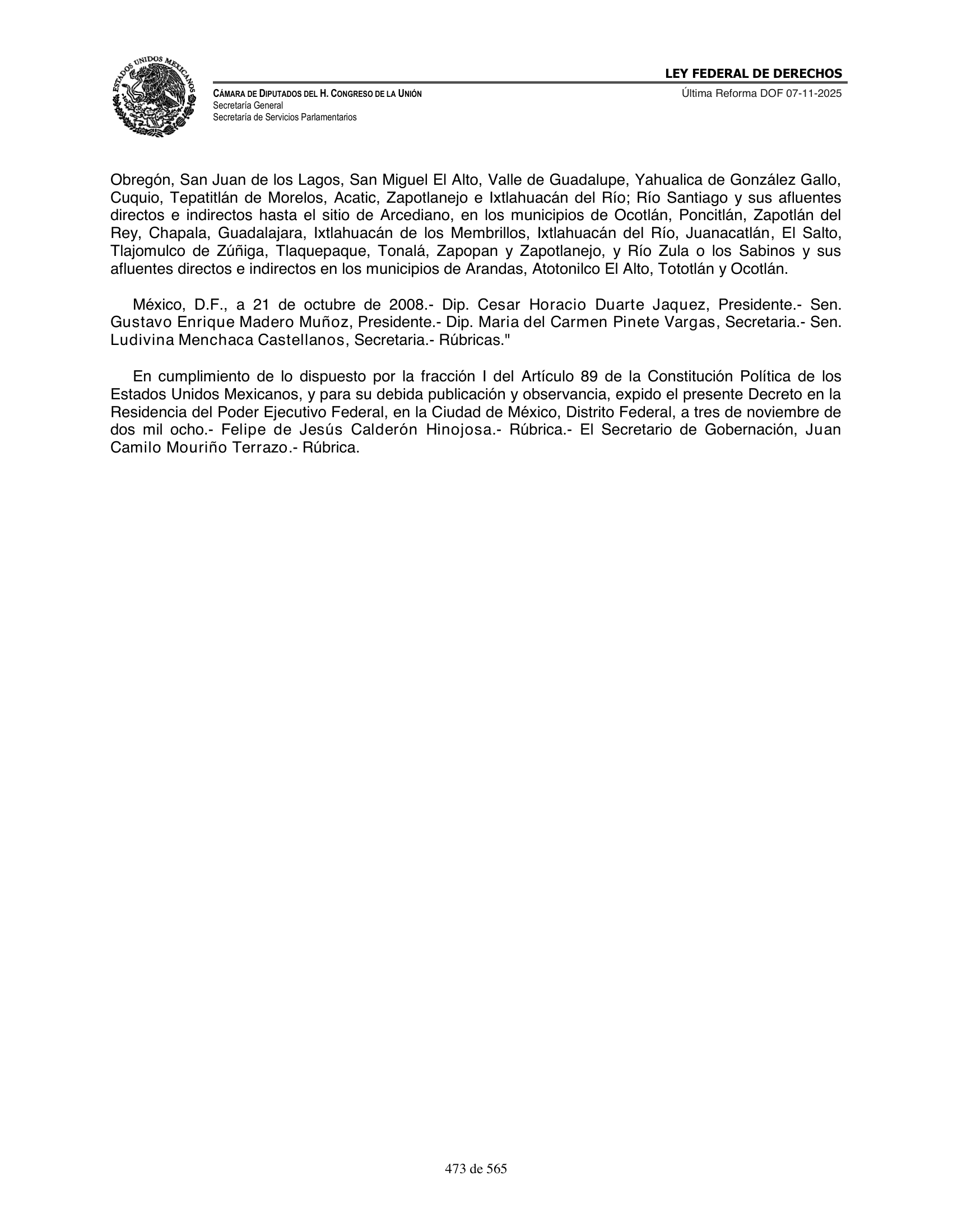 Ley Federal de Derechos — official Chamber compilation — original physical page 473 of 565; complete original page image governs, native search text may be incomplete.
