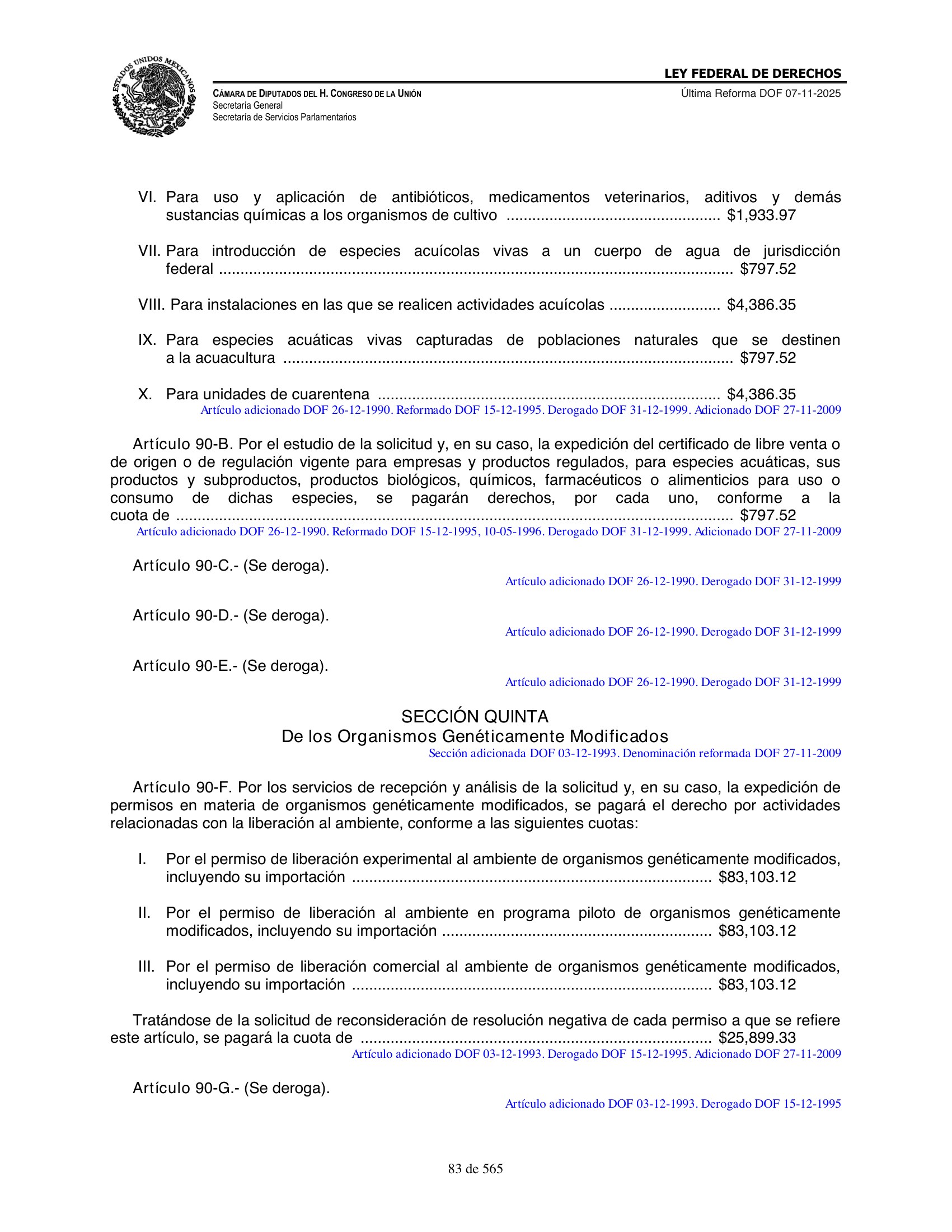 Ley Federal de Derechos — official Chamber compilation — original physical page 83 of 565; complete original page image governs, native search text may be incomplete.
