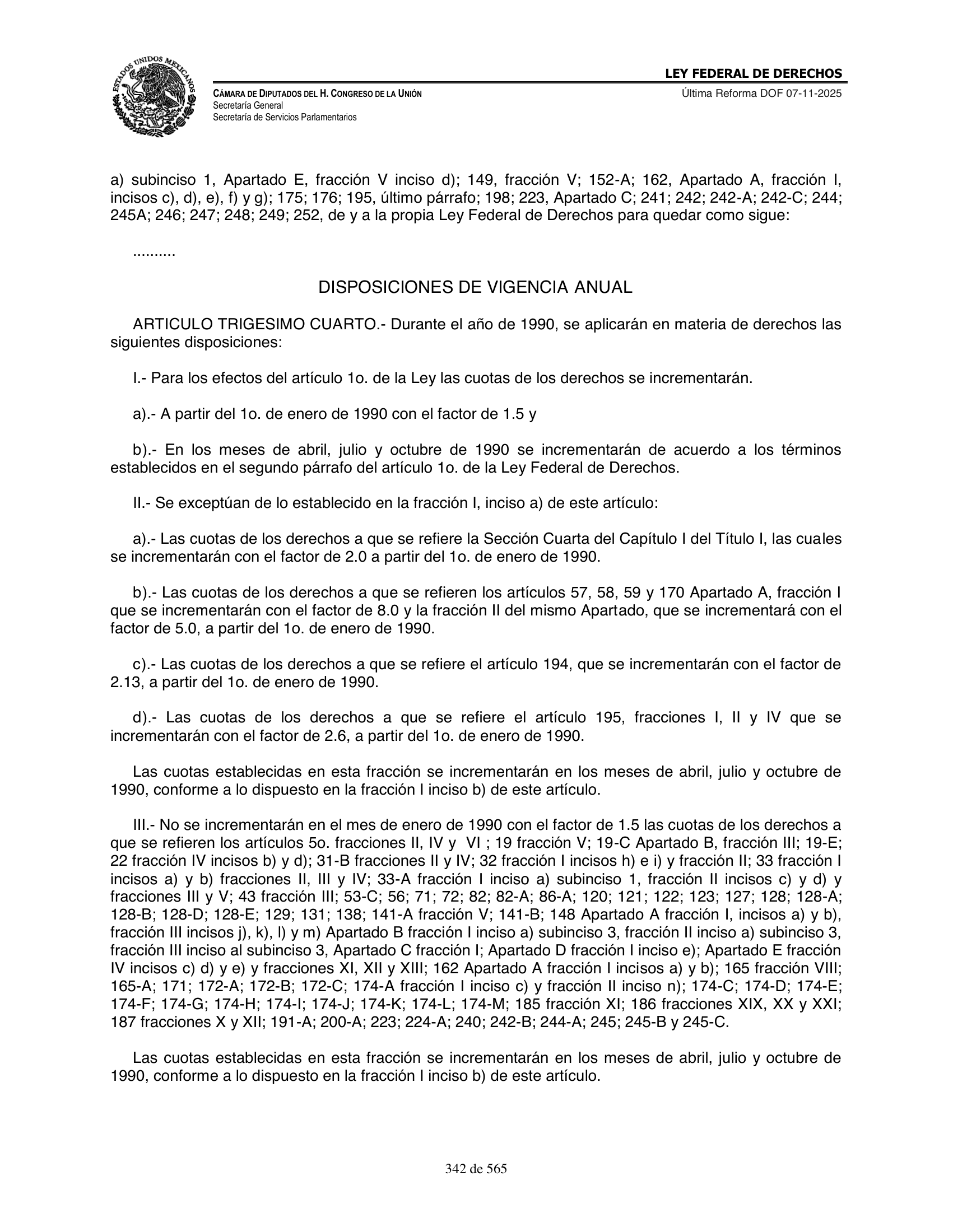 Ley Federal de Derechos — official Chamber compilation — original physical page 342 of 565; complete original page image governs, native search text may be incomplete.