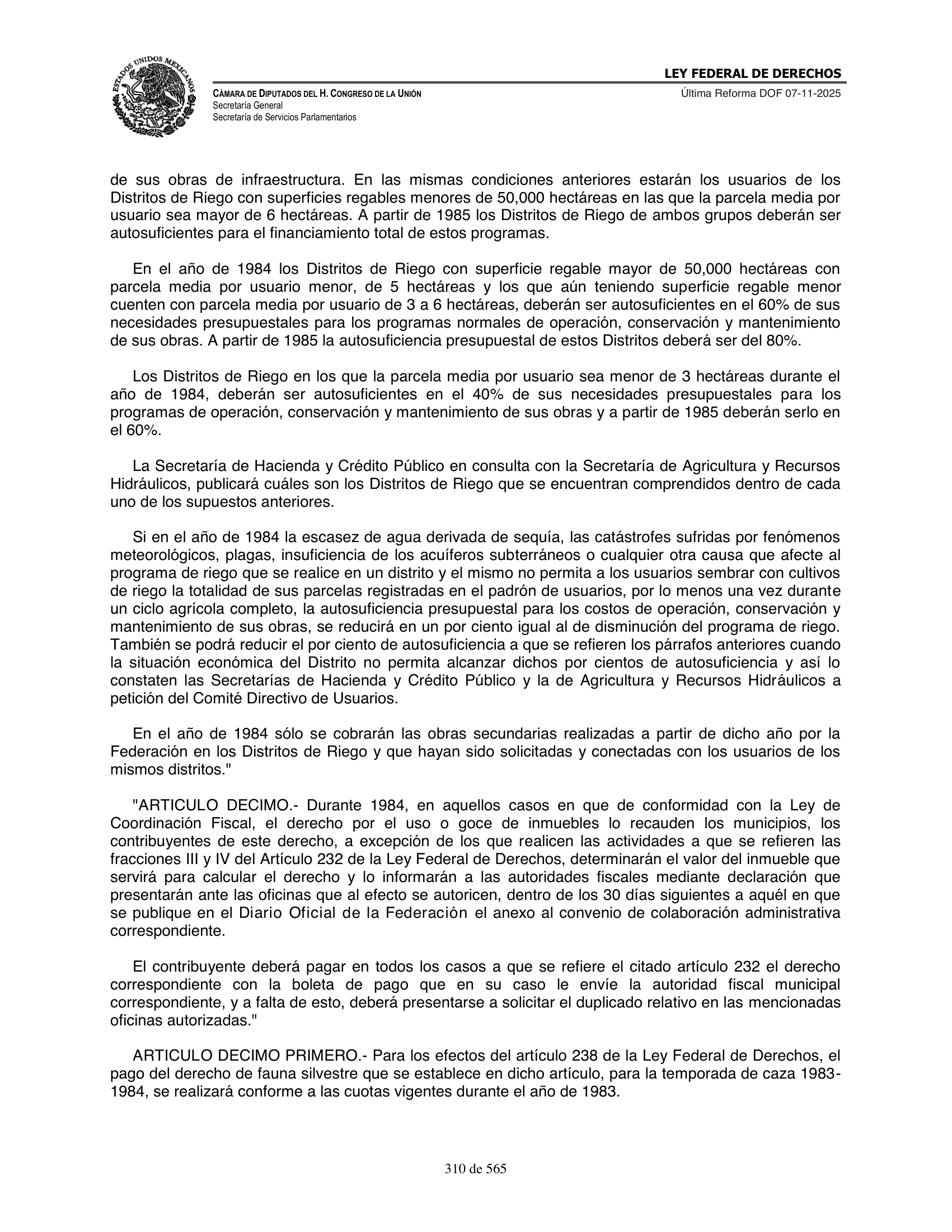 Ley Federal de Derechos — official Chamber compilation — original physical page 310 of 565; complete original page image governs, native search text may be incomplete.