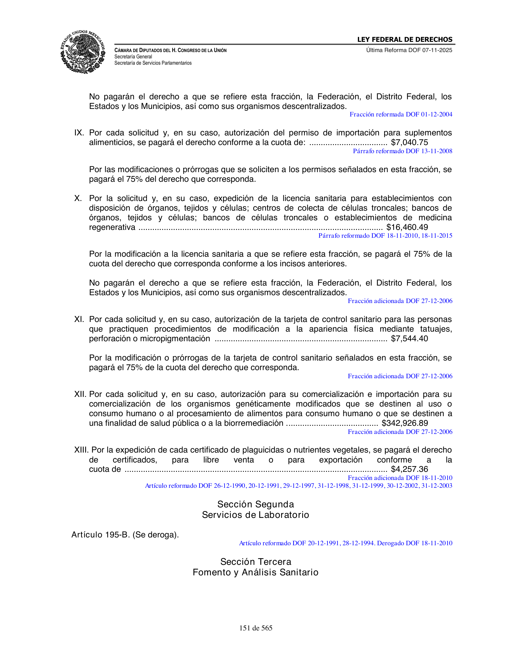 Ley Federal de Derechos — official Chamber compilation — original physical page 151 of 565; complete original page image governs, native search text may be incomplete.