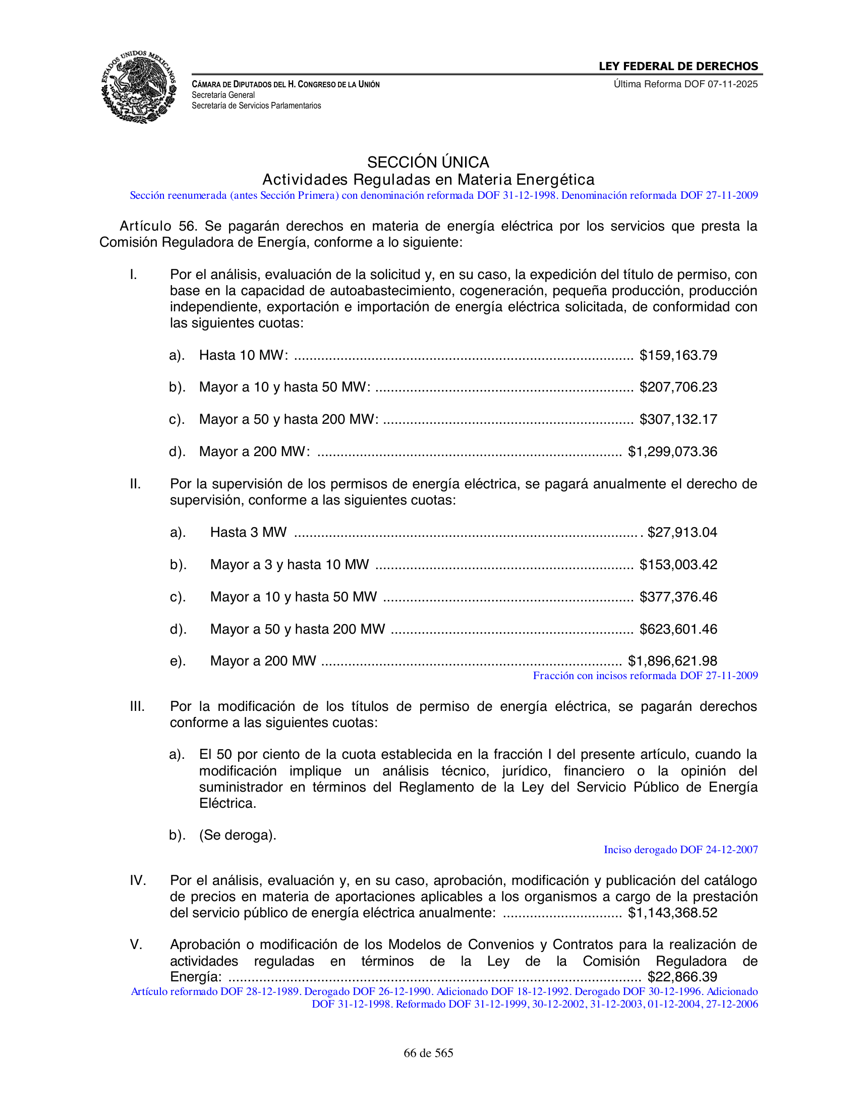 Ley Federal de Derechos — official Chamber compilation — original physical page 66 of 565; complete original page image governs, native search text may be incomplete.