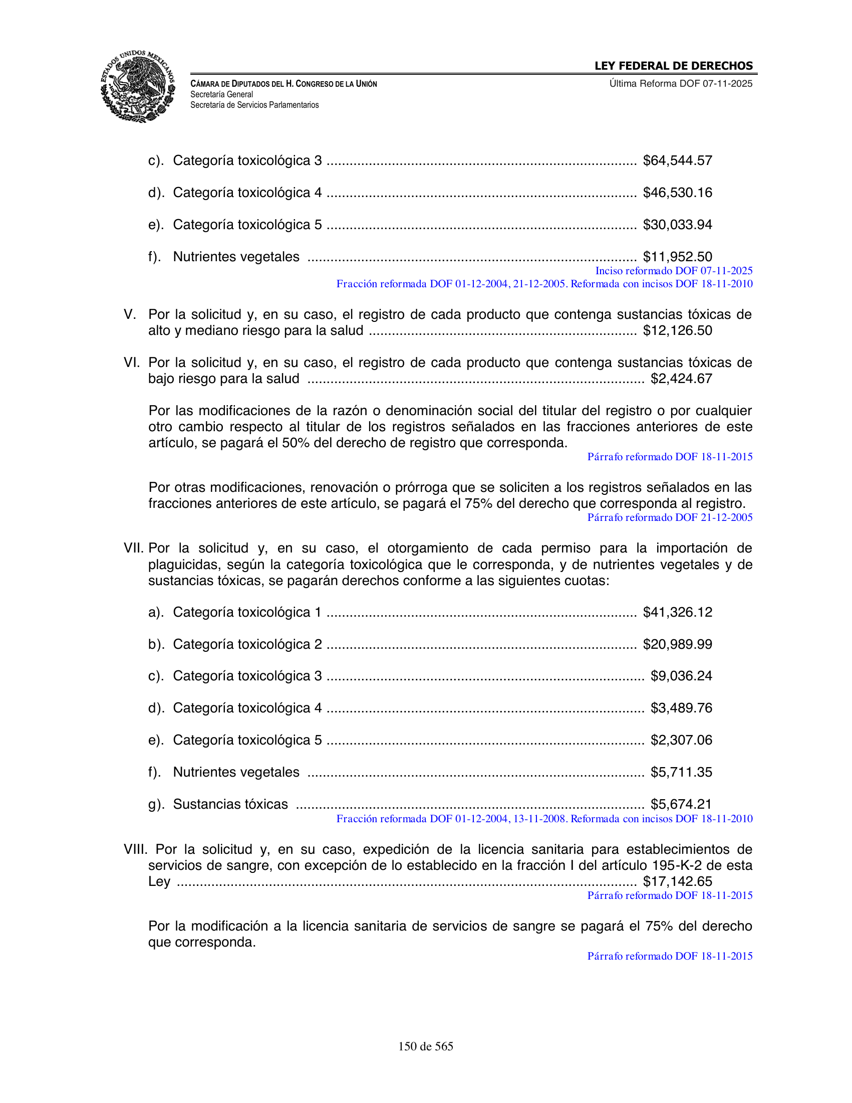 Ley Federal de Derechos — official Chamber compilation — original physical page 150 of 565; complete original page image governs, native search text may be incomplete.