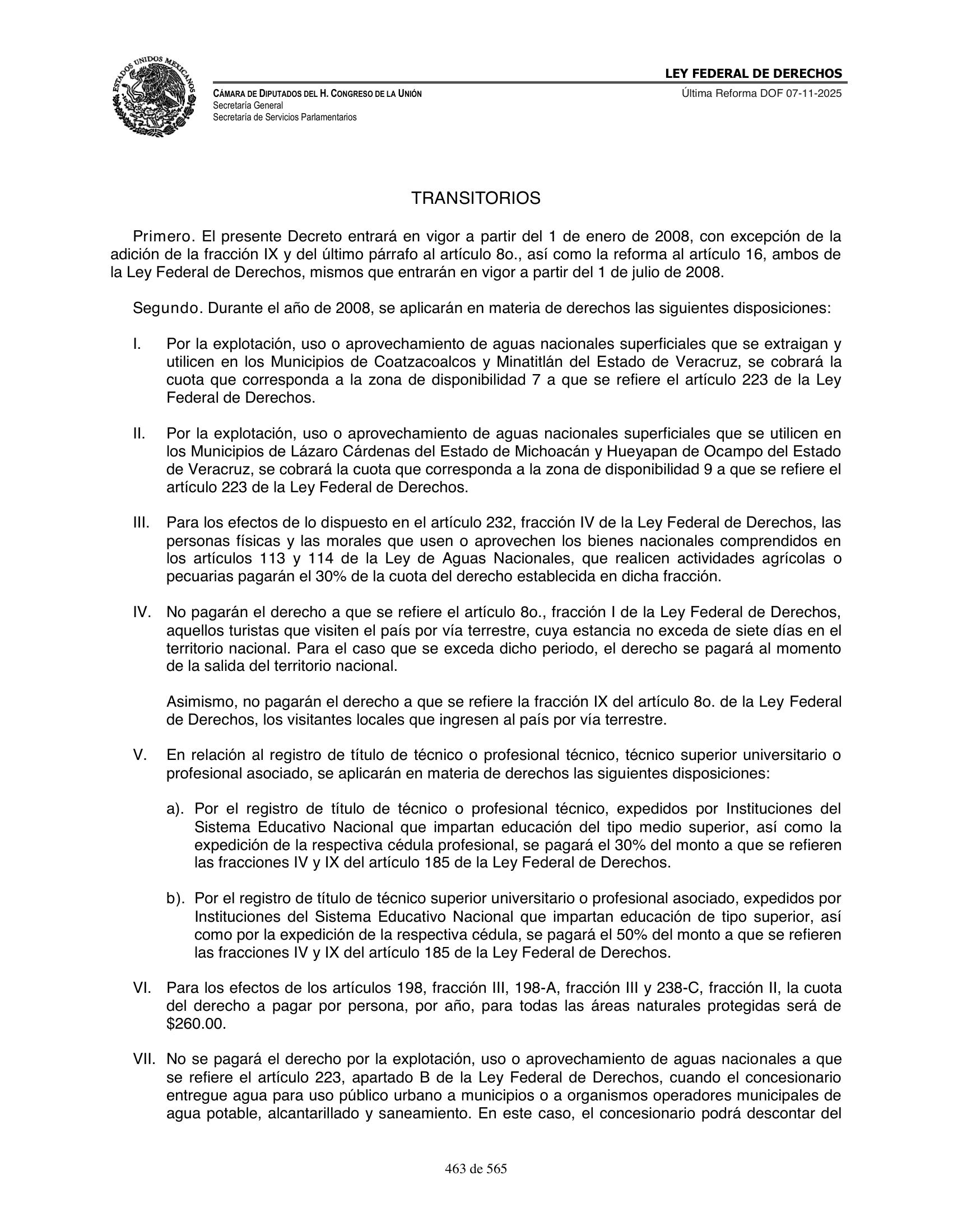 Ley Federal de Derechos — official Chamber compilation — original physical page 463 of 565; complete original page image governs, native search text may be incomplete.