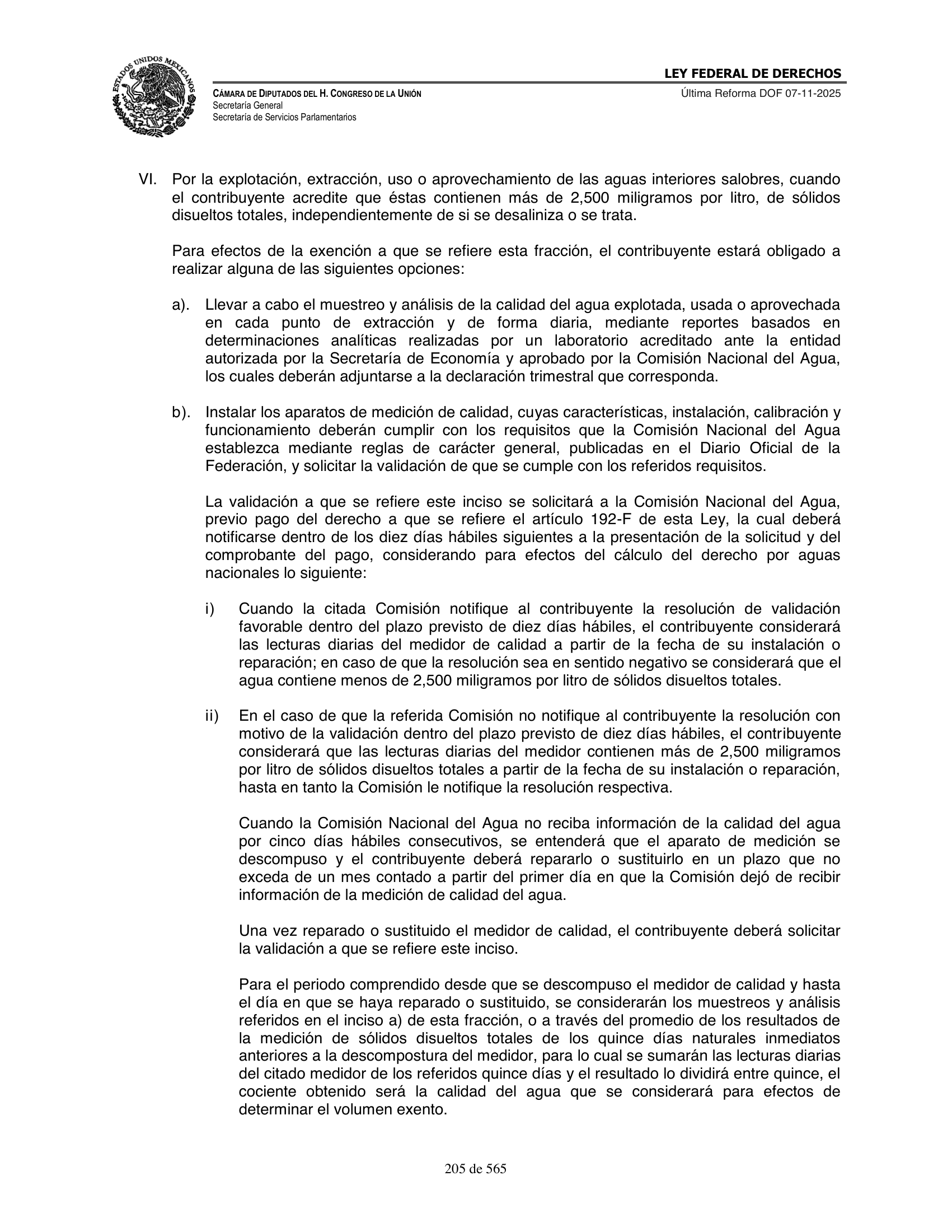 Ley Federal de Derechos — official Chamber compilation — original physical page 205 of 565; complete original page image governs, native search text may be incomplete.