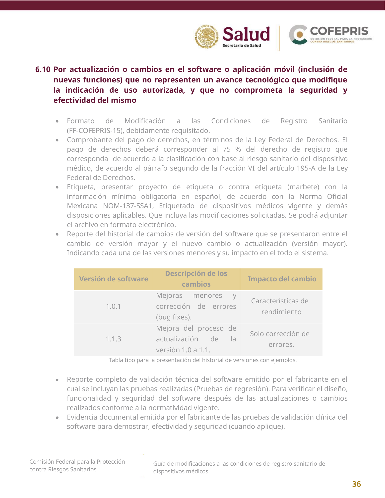 COFEPRIS — Guía de modificaciones de dispositivos médicos, diciembre 2025 — official PDF page 36