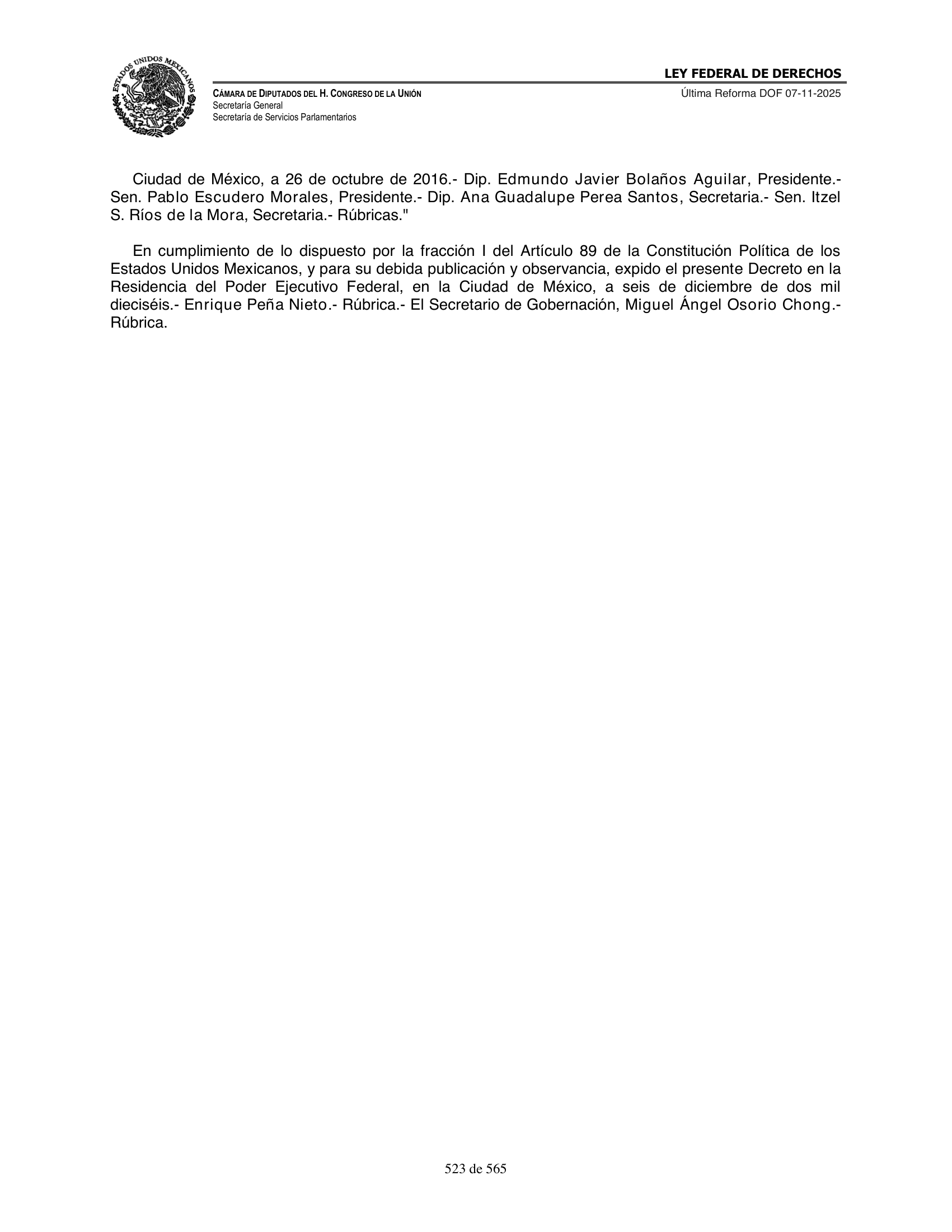 Ley Federal de Derechos — official Chamber compilation — original physical page 523 of 565; complete original page image governs, native search text may be incomplete.