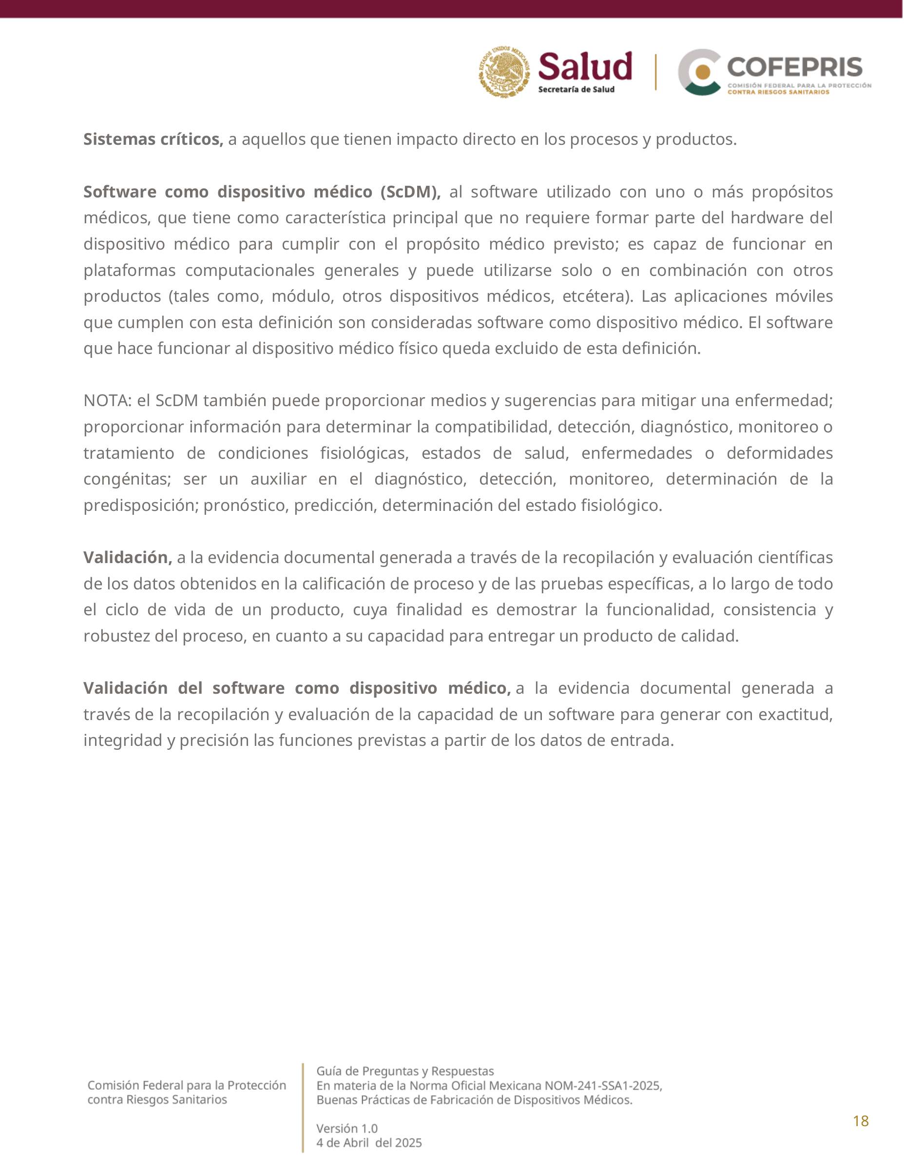 COFEPRIS NOM-241-SSA1-2025 questions and answers, version 1.0 — original physical PDF page 18; complete original page layout, table cells and figures retained.