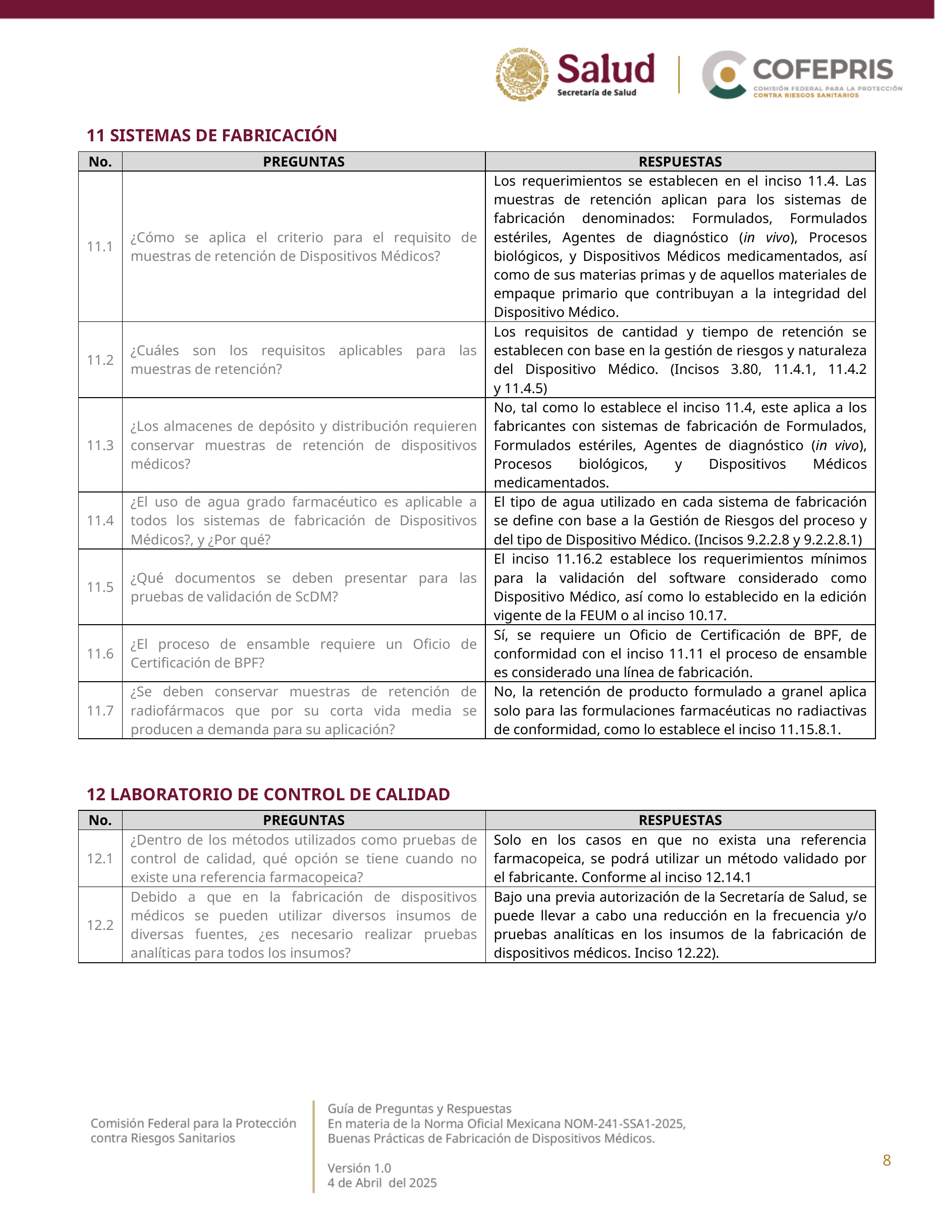 COFEPRIS NOM-241-SSA1-2025 questions and answers, version 1.0 — original physical PDF page 8; complete original page layout, table cells and figures retained.