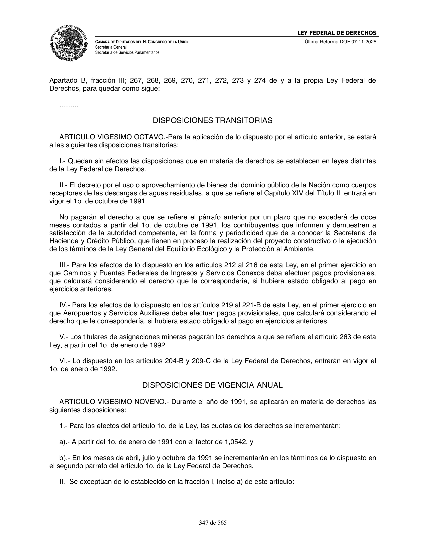 Ley Federal de Derechos — official Chamber compilation — original physical page 347 of 565; complete original page image governs, native search text may be incomplete.