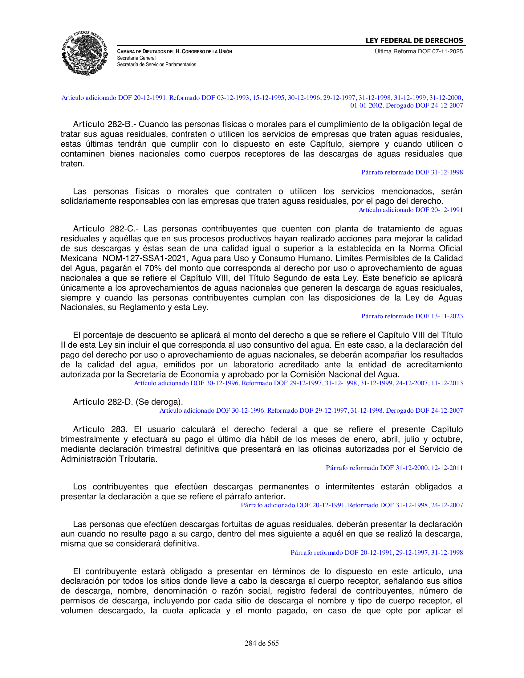 Ley Federal de Derechos — official Chamber compilation — original physical page 284 of 565; complete original page image governs, native search text may be incomplete.
