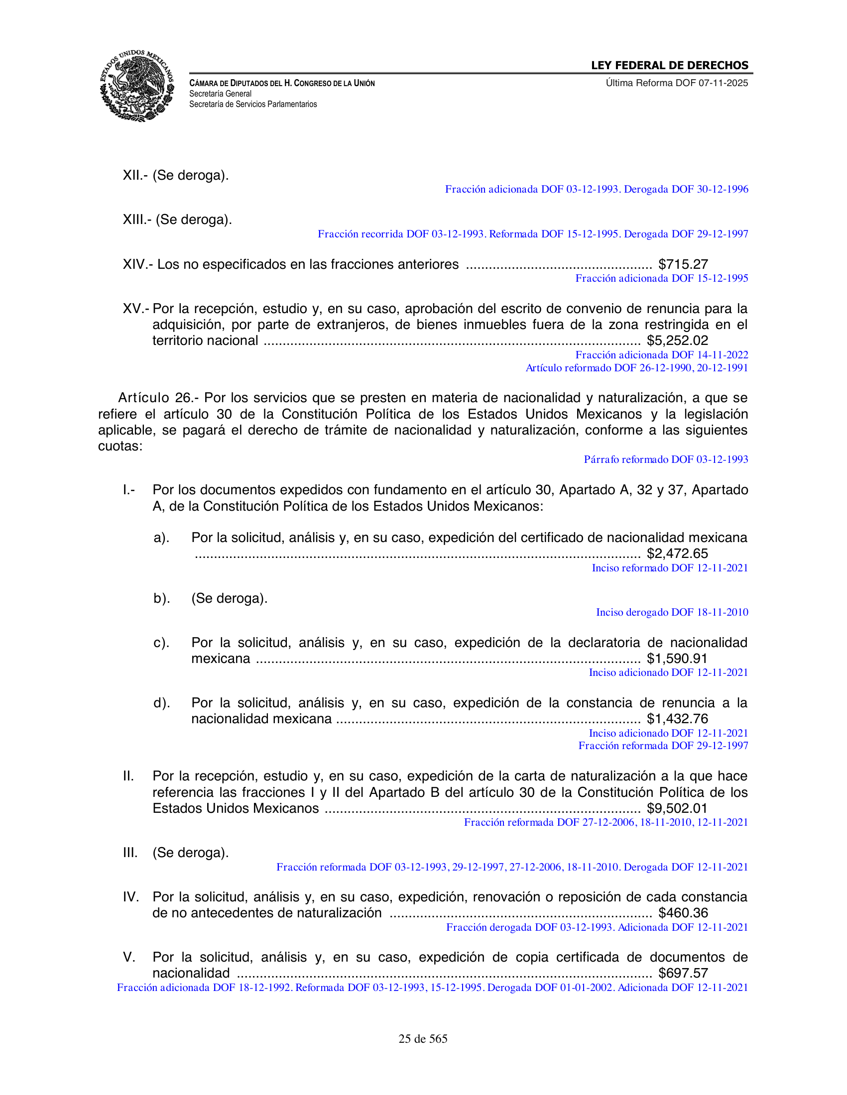 Ley Federal de Derechos — official Chamber compilation — original physical page 25 of 565; complete original page image governs, native search text may be incomplete.