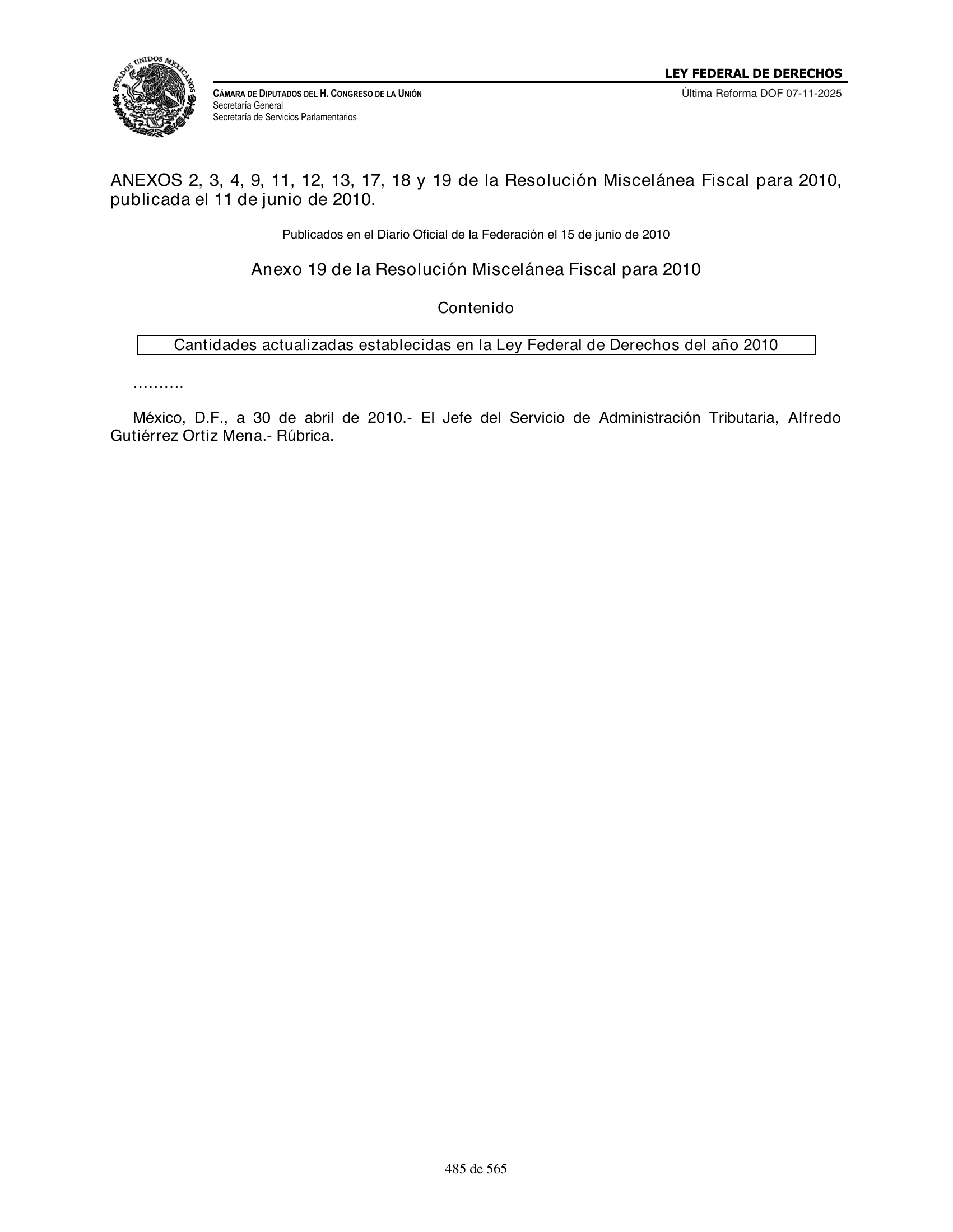 Ley Federal de Derechos — official Chamber compilation — original physical page 485 of 565; complete original page image governs, native search text may be incomplete.