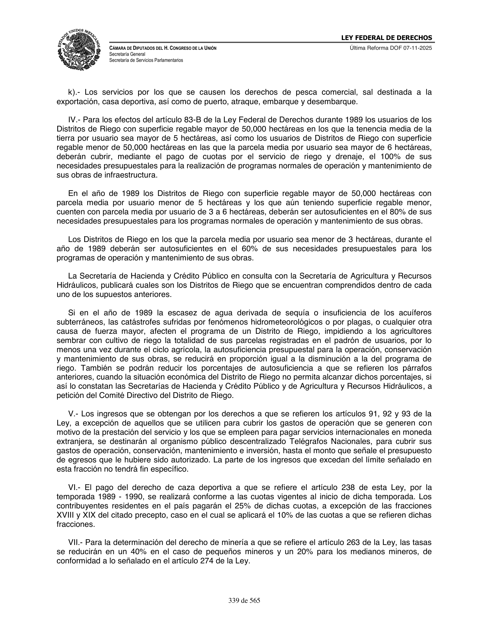 Ley Federal de Derechos — official Chamber compilation — original physical page 339 of 565; complete original page image governs, native search text may be incomplete.