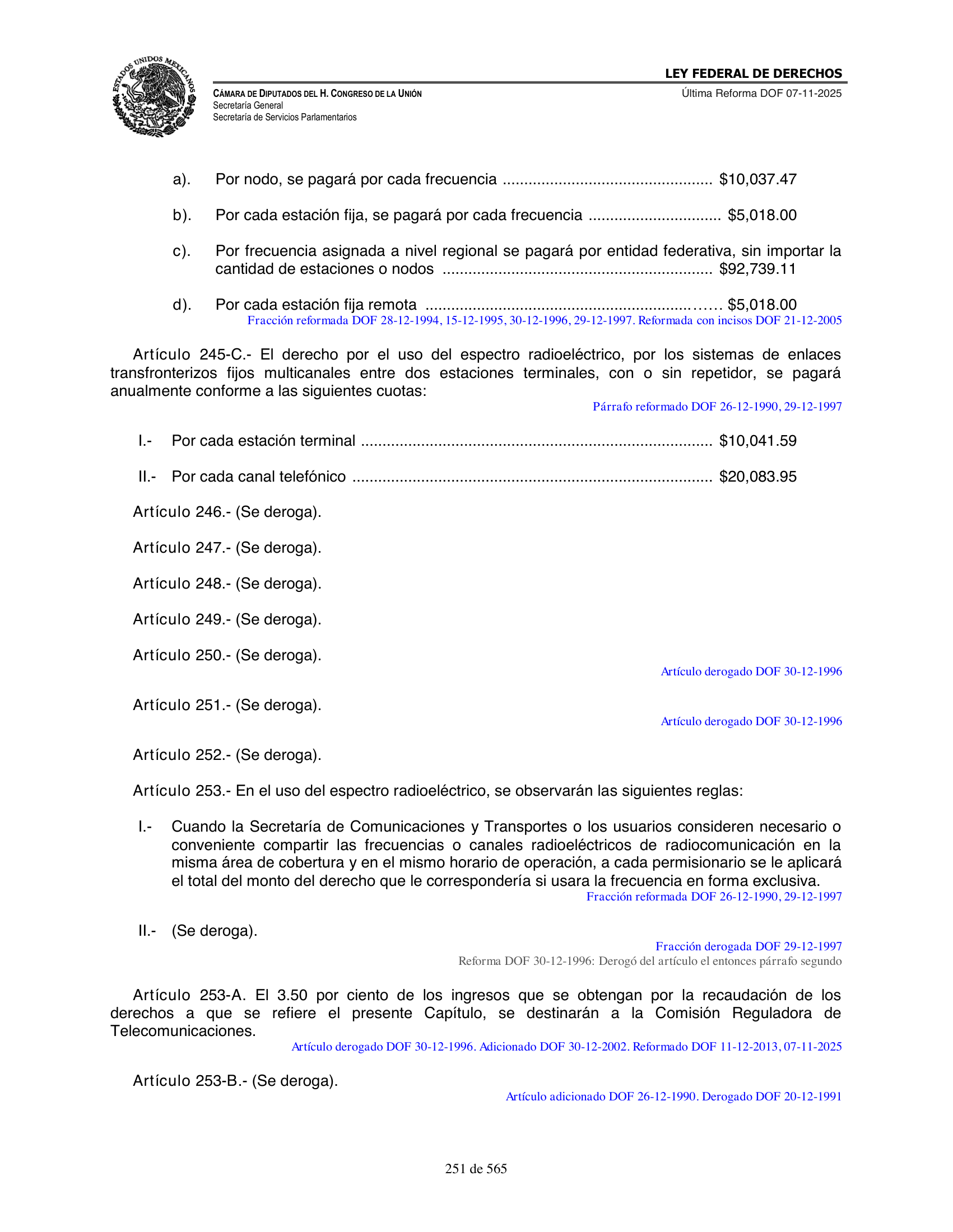 Ley Federal de Derechos — official Chamber compilation — original physical page 251 of 565; complete original page image governs, native search text may be incomplete.